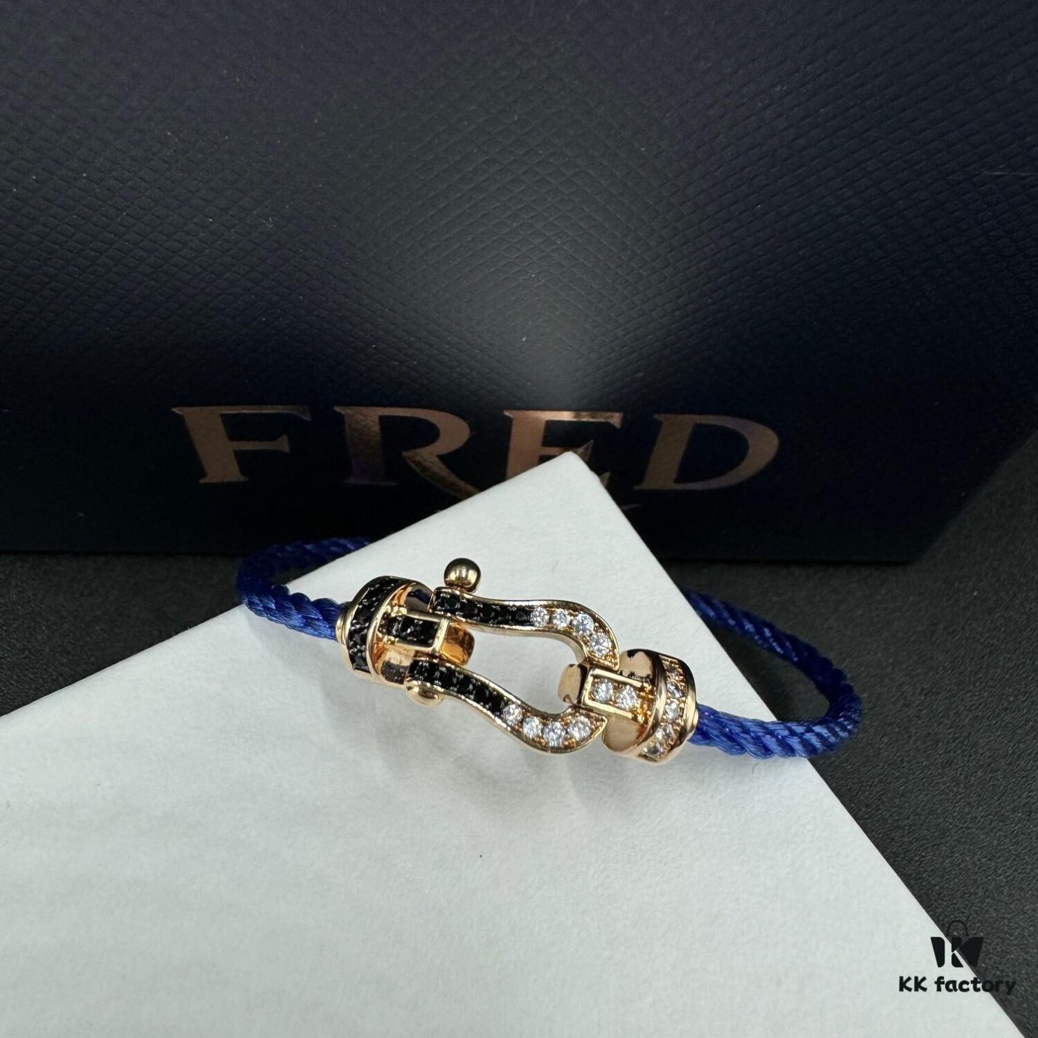 FRED Force 10 Bracelet in Medium Rose Gold with Black and White Gemstones, Steel Cable Design
