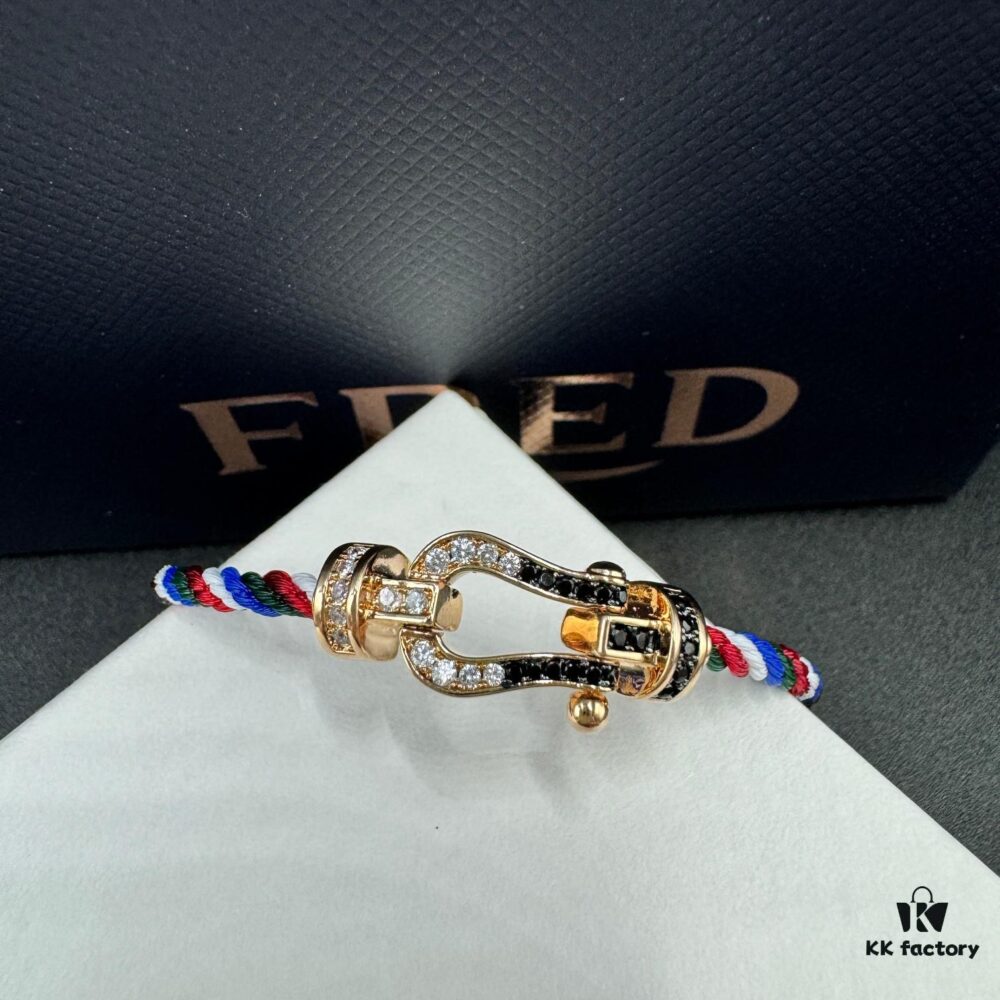 FRED Force 10 Bracelet in Rose Gold, Medium Size with Black and White Gemstones, Steel Cord Design