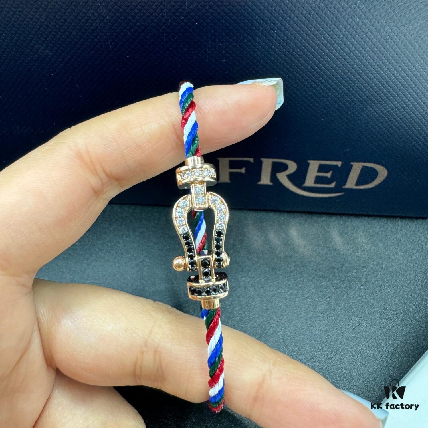 FRED Force 10 Bracelet in Rose Gold, Medium Size with Black and White Gemstones, Steel Cord Design