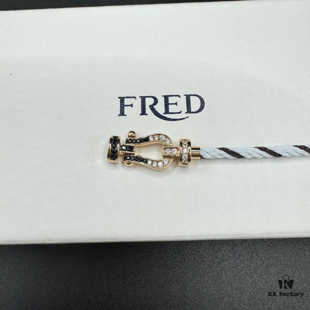 FRED Force 10 Bracelet in Rose Gold, Medium Size with Black and White Gemstones, Steel Cord Design