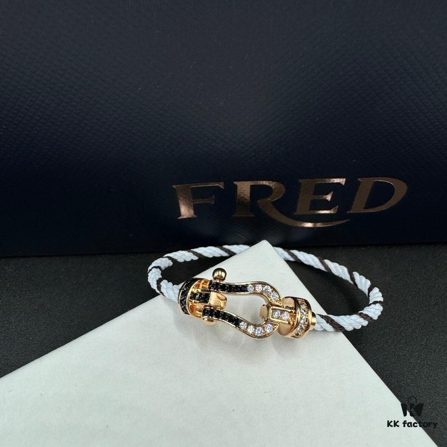 FRED Force 10 Bracelet in Rose Gold, Medium Size with Black and White Gemstones, Steel Cord Design