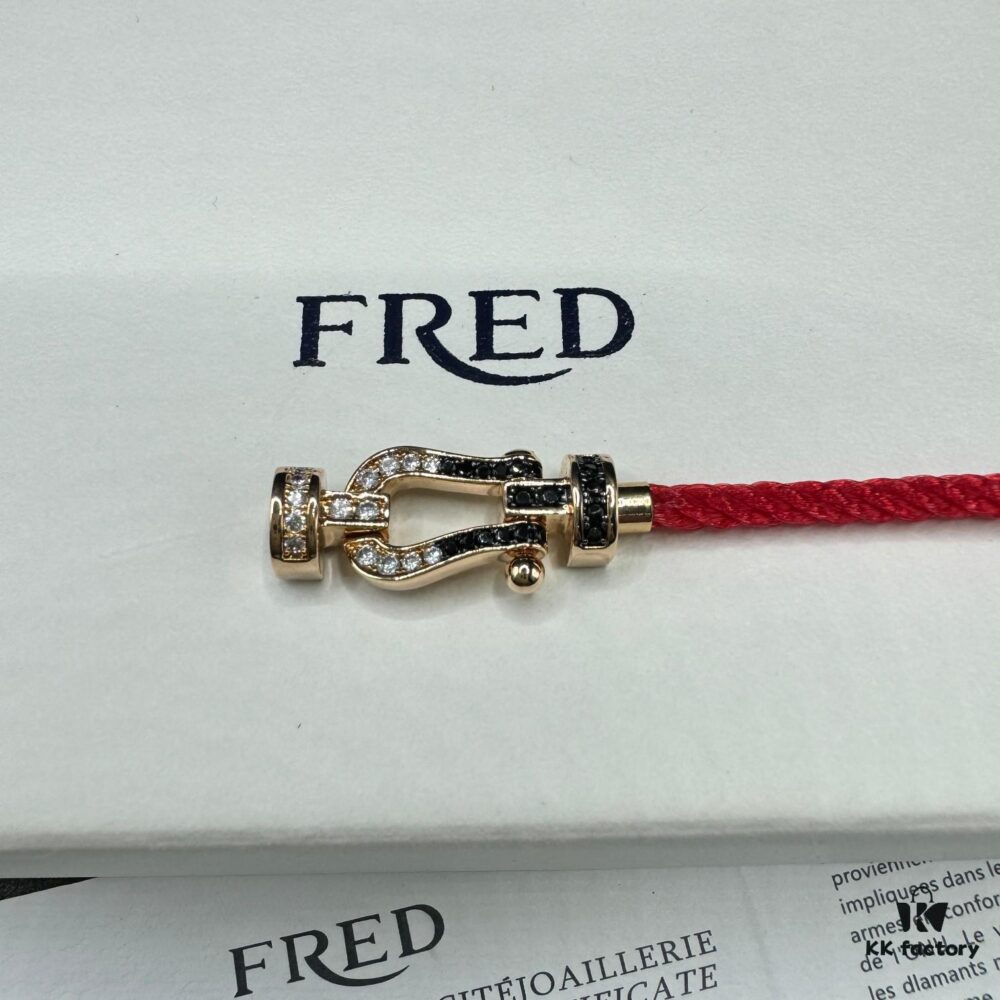 FRED Fred Bracelet, Medium Rose Gold Force 10 with Black and White Gemstones, Steel Cord Bracelet