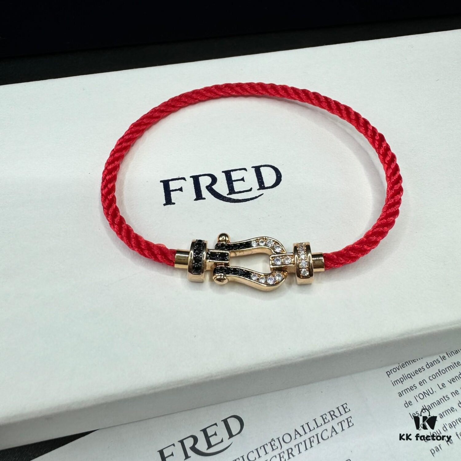 FRED Fred Bracelet, Medium Rose Gold Force 10 with Black and White Gemstones, Steel Cord Bracelet