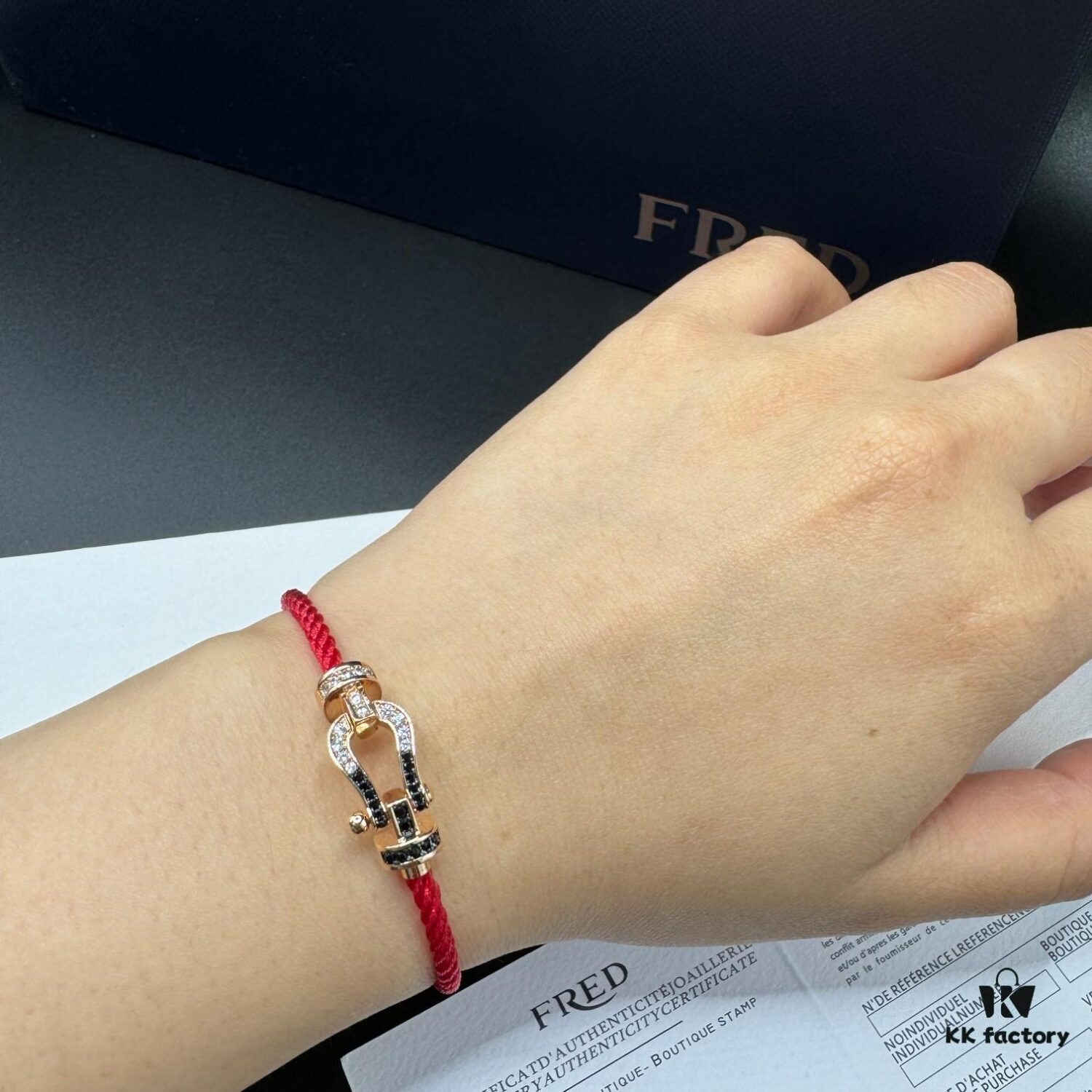 FRED Fred Bracelet, Medium Rose Gold Force 10 with Black and White Gemstones, Steel Cord Bracelet