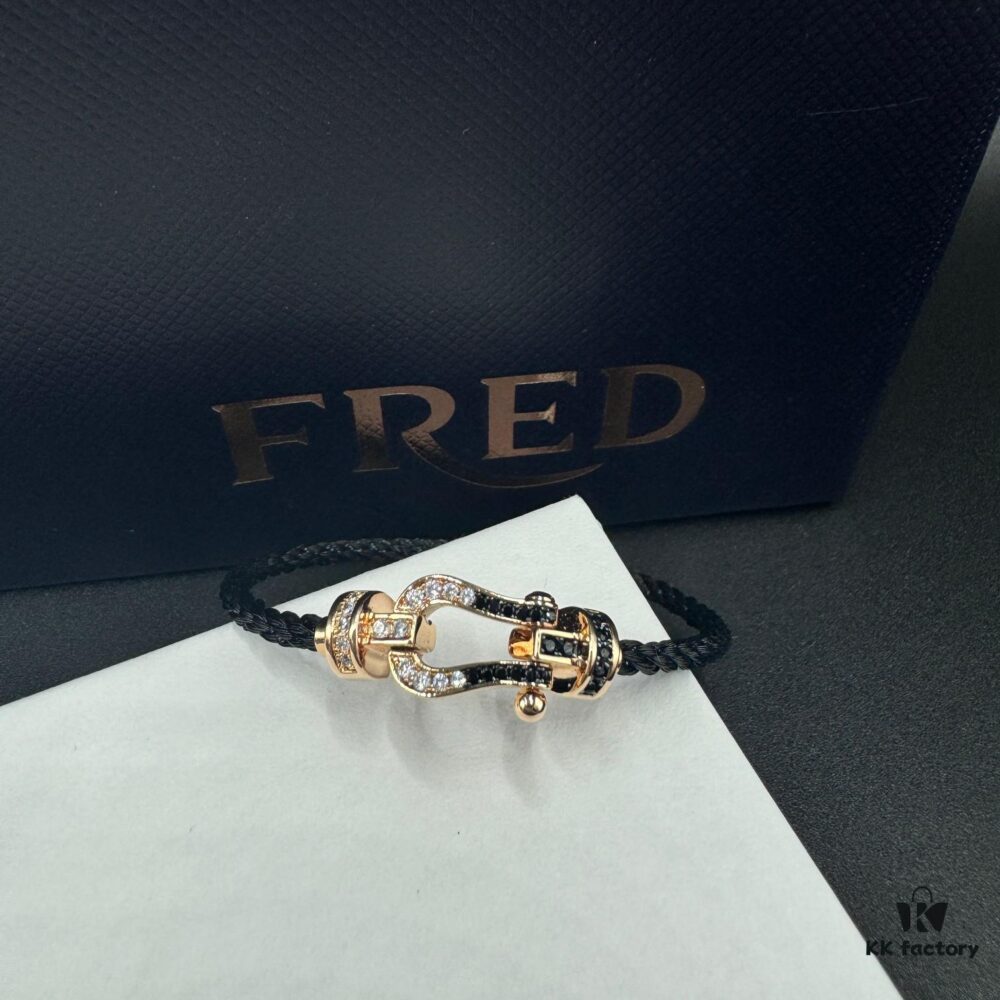 FRED Force 10 Bracelet in Rose Gold with Black and White Gemstones, Medium Size, Steel Cable Design