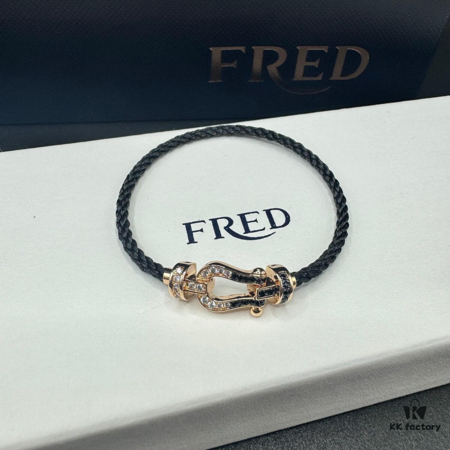 FRED Force 10 Bracelet in Rose Gold with Black and White Gemstones, Medium Size, Steel Cable Design