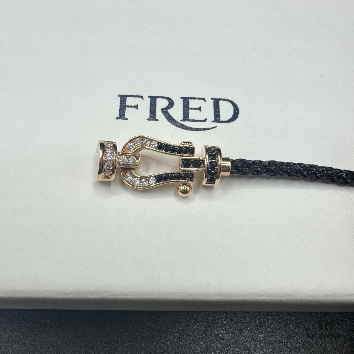 FRED Force 10 Bracelet in Rose Gold with Black and White Gemstones, Medium Size, Steel Cable Design