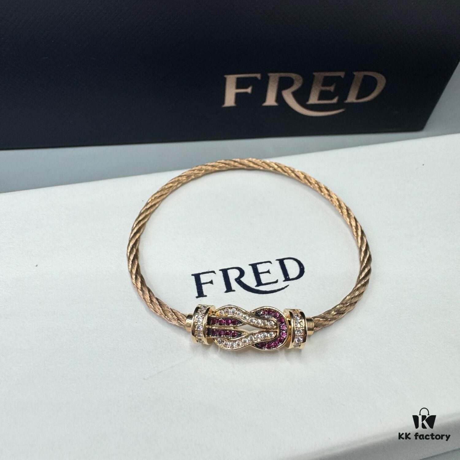 FRED Force 10 Bracelet in Rose Gold, Medium Size with Ruby Cabochon and Stainless Steel Cable