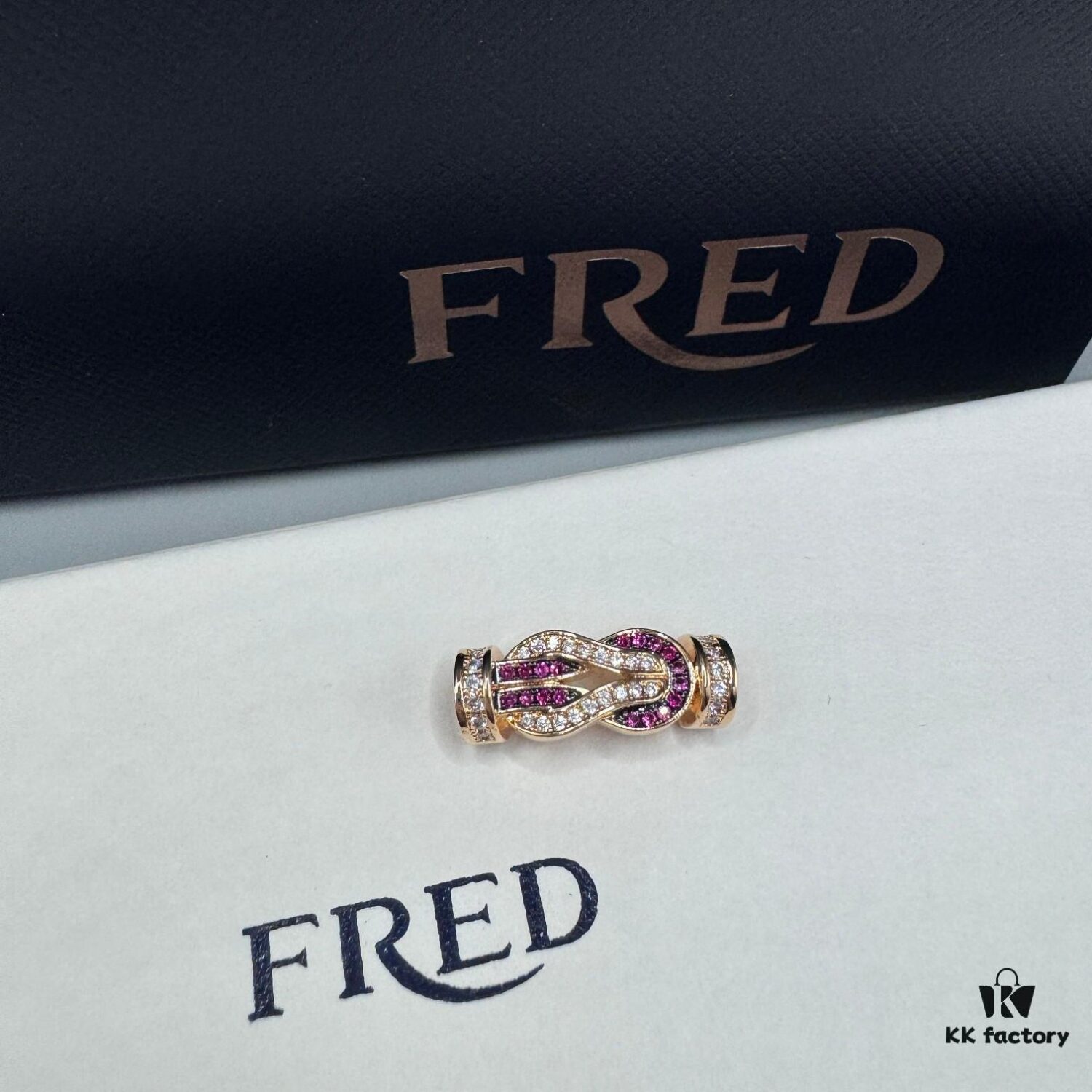 FRED Force 10 Bracelet in Rose Gold with Ruby Cabochon, Medium Size, Steel Cable Design