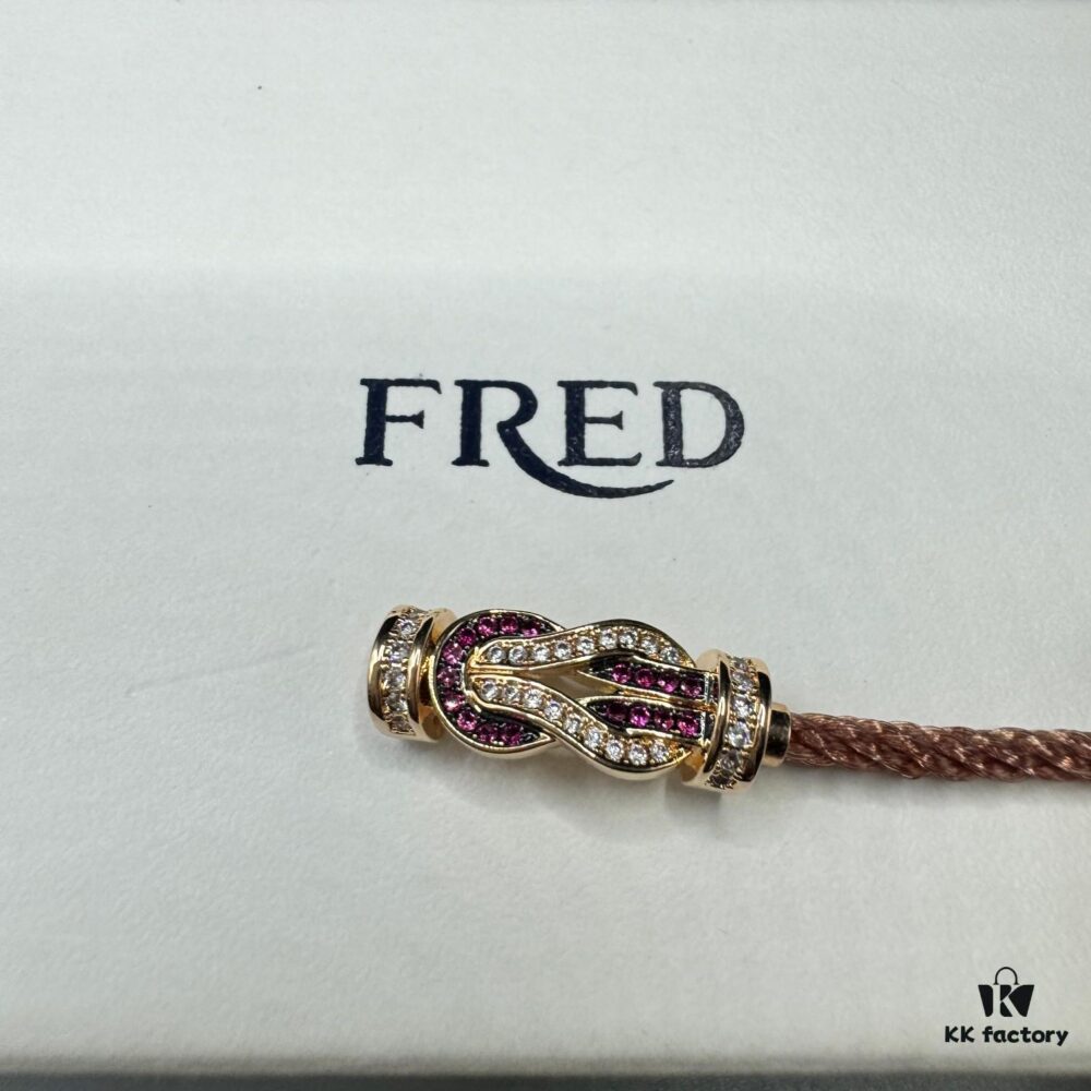 FRED Force 10 Bracelet in Rose Gold, Medium Size with Ruby Cabochon and Steel Cable