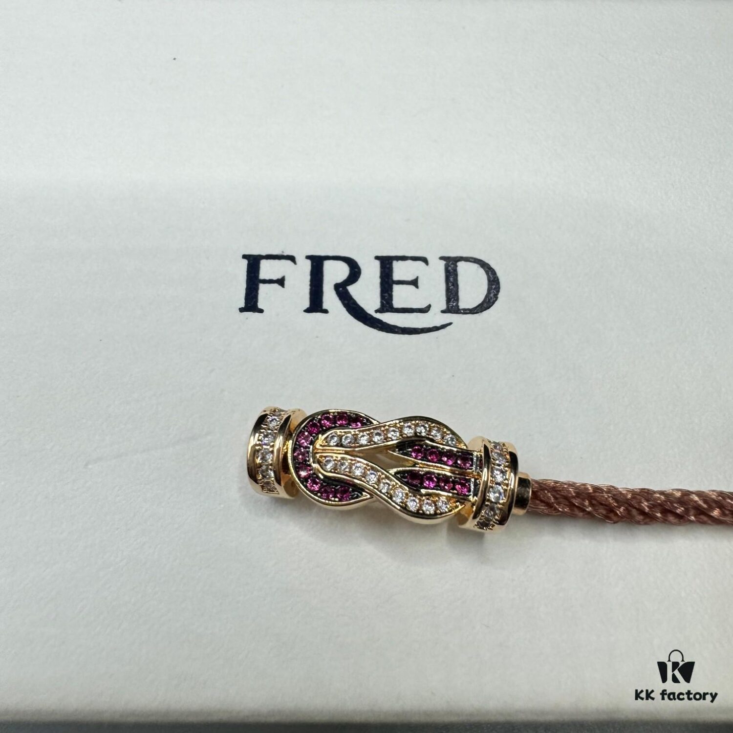 FRED Force 10 Bracelet in Rose Gold, Medium Size with Ruby Cabochon and Steel Cable