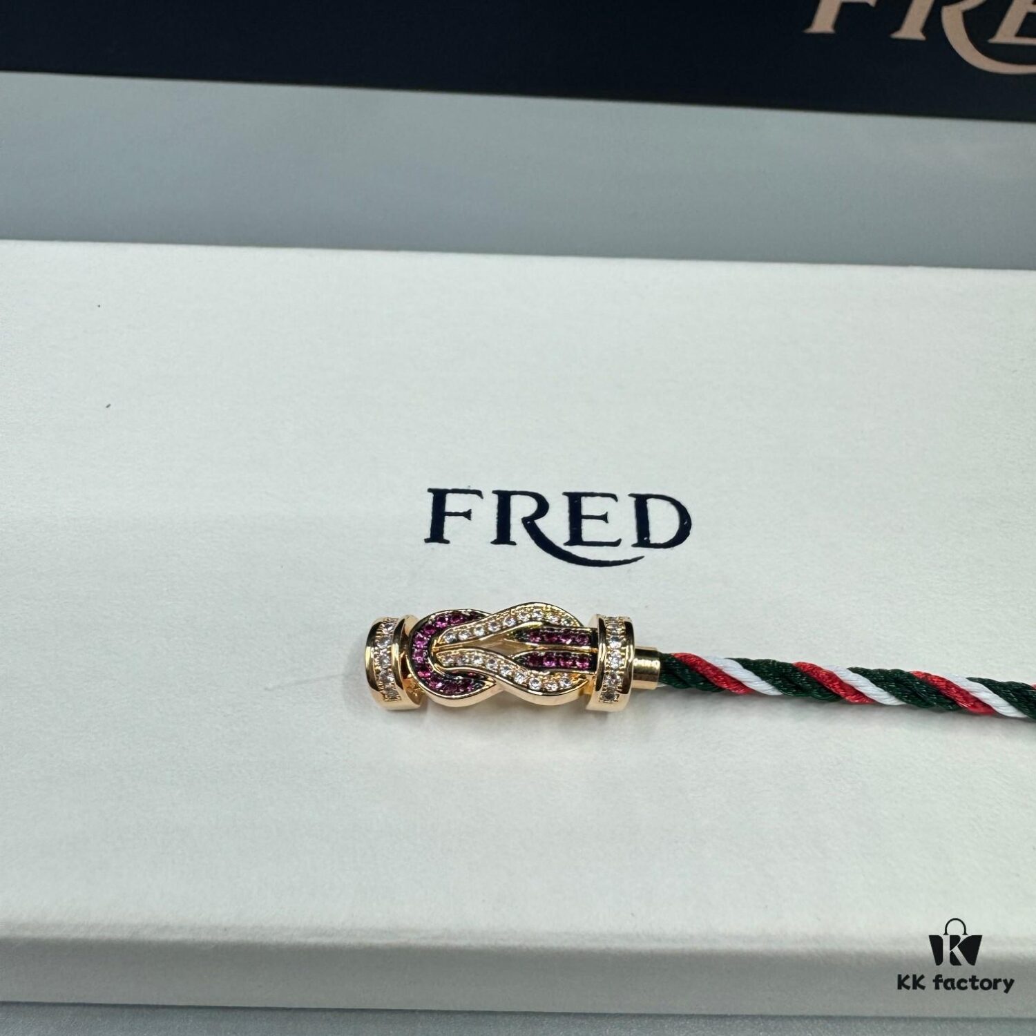 FRED Force 10 Bracelet in Rose Gold with Ruby Cabochon, Medium Size, Steel Cable Design