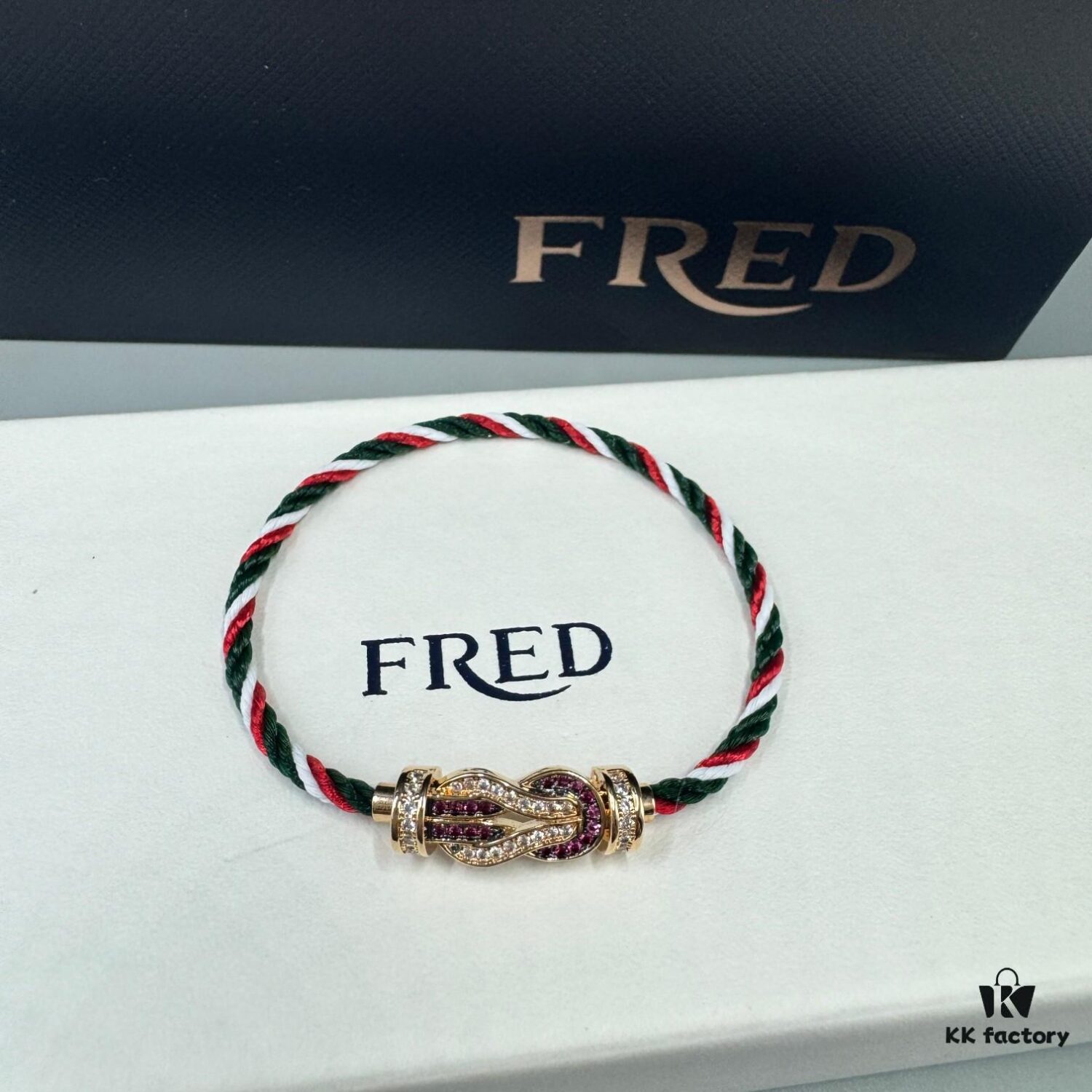 FRED Force 10 Bracelet in Rose Gold with Ruby Cabochon, Medium Size, Steel Cable Design