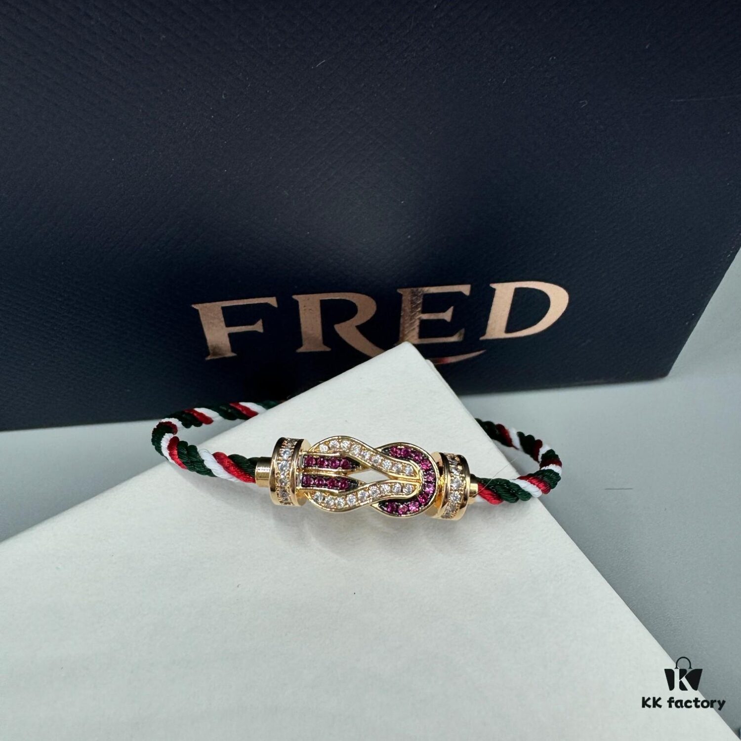 FRED Force 10 Bracelet in Rose Gold with Ruby Cabochon, Medium Size, Steel Cable Design