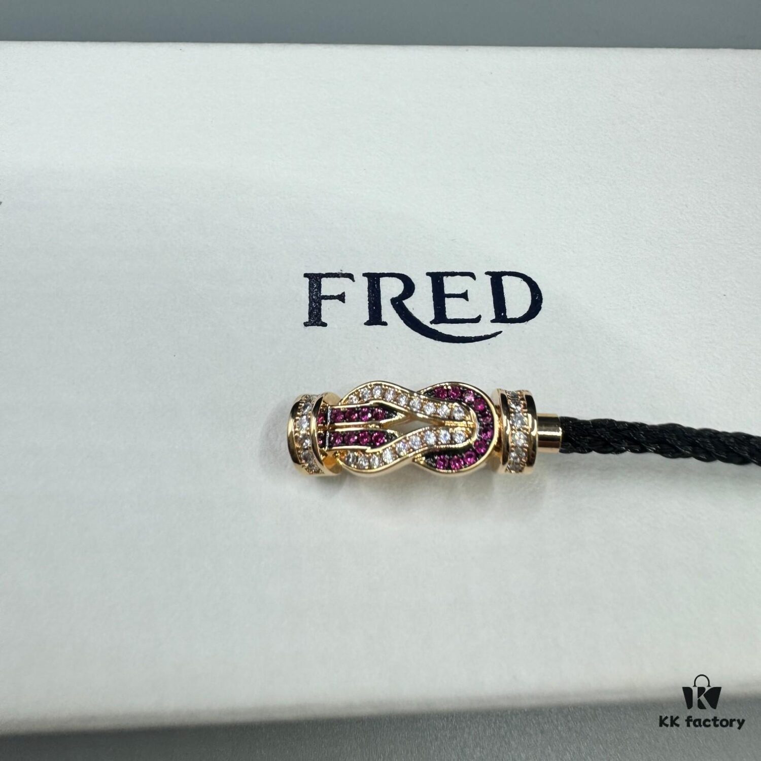 FRED Force 10 Bracelet in Rose Gold, Medium Size with Ruby Cabochon and Steel Cable
