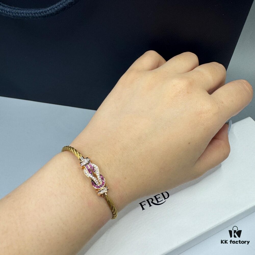 FRED Force 10 Bracelet in Rose Gold, Medium Size with Ruby Cabochon, Steel Cable Design