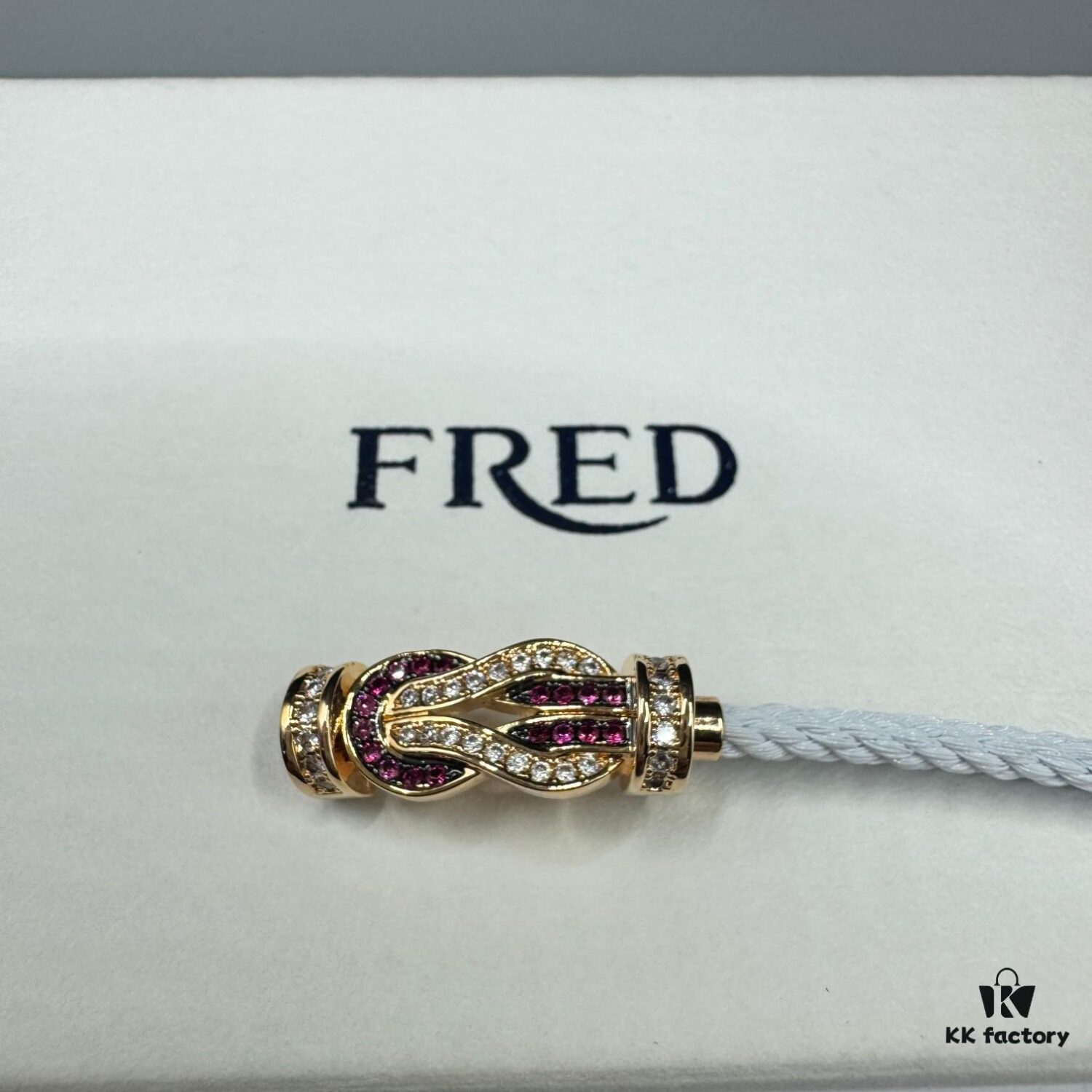 FRED Force 10 Bracelet in Rose Gold with Ruby, Medium Size, Stainless Steel Cord