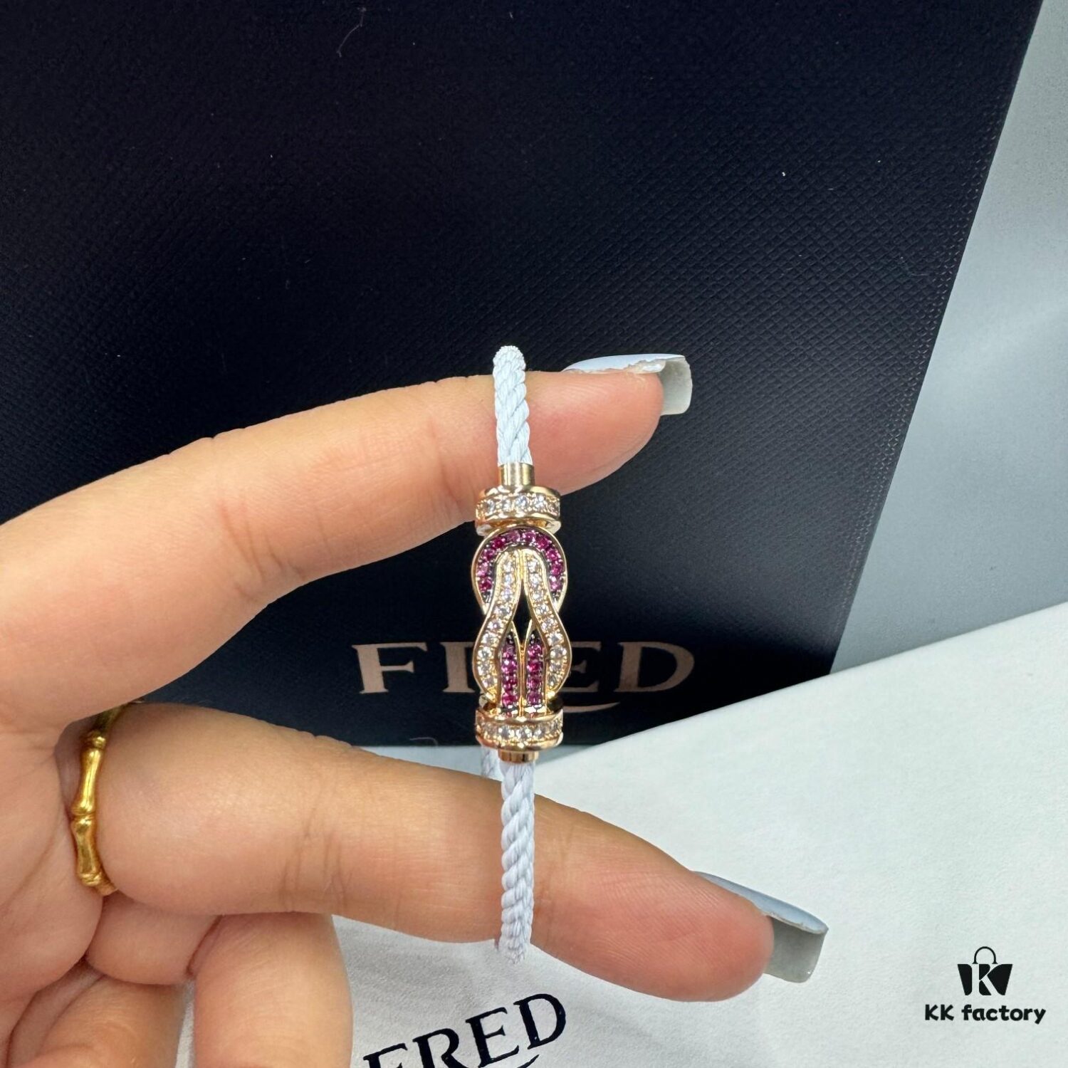 FRED Force 10 Bracelet in Rose Gold with Ruby, Medium Size, Stainless Steel Cord