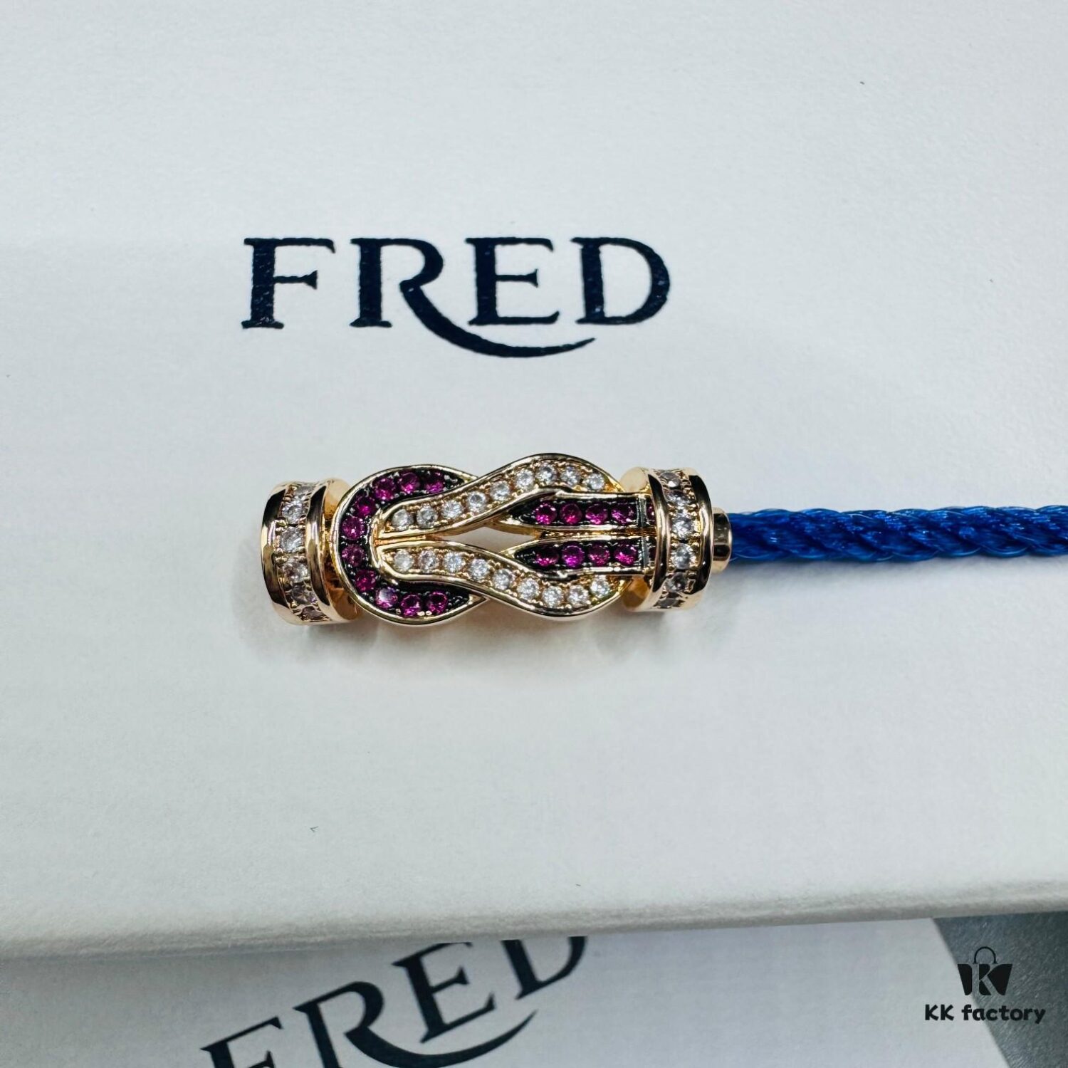 FRED Force 10 Bracelet in Rose Gold, Medium Size with Ruby Cabochon and Steel Cable