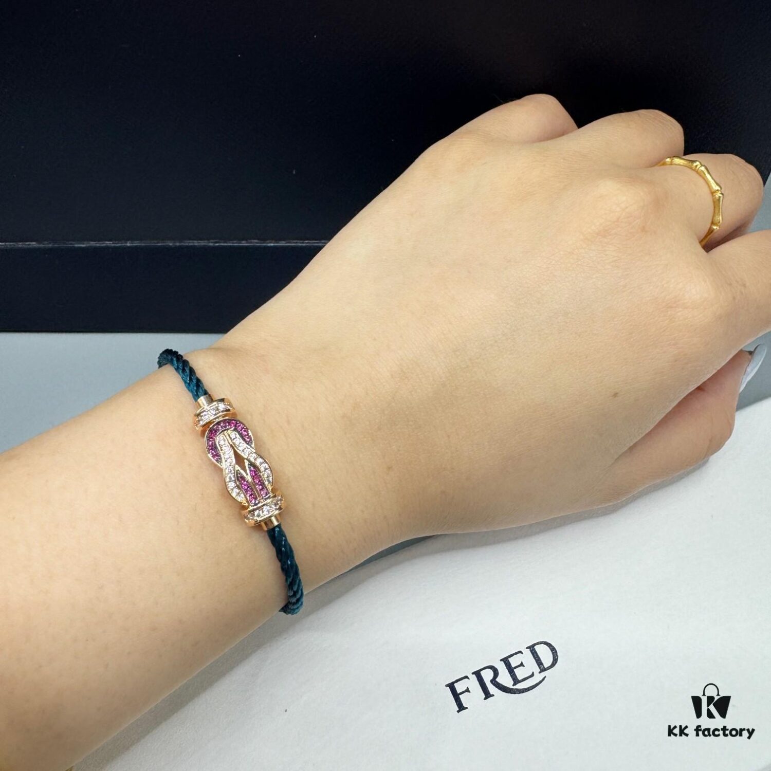 FRED Force 10 Bracelet in Rose Gold with Ruby, Medium Size, Red Gemstone Slide Buckle, Steel Cable Design