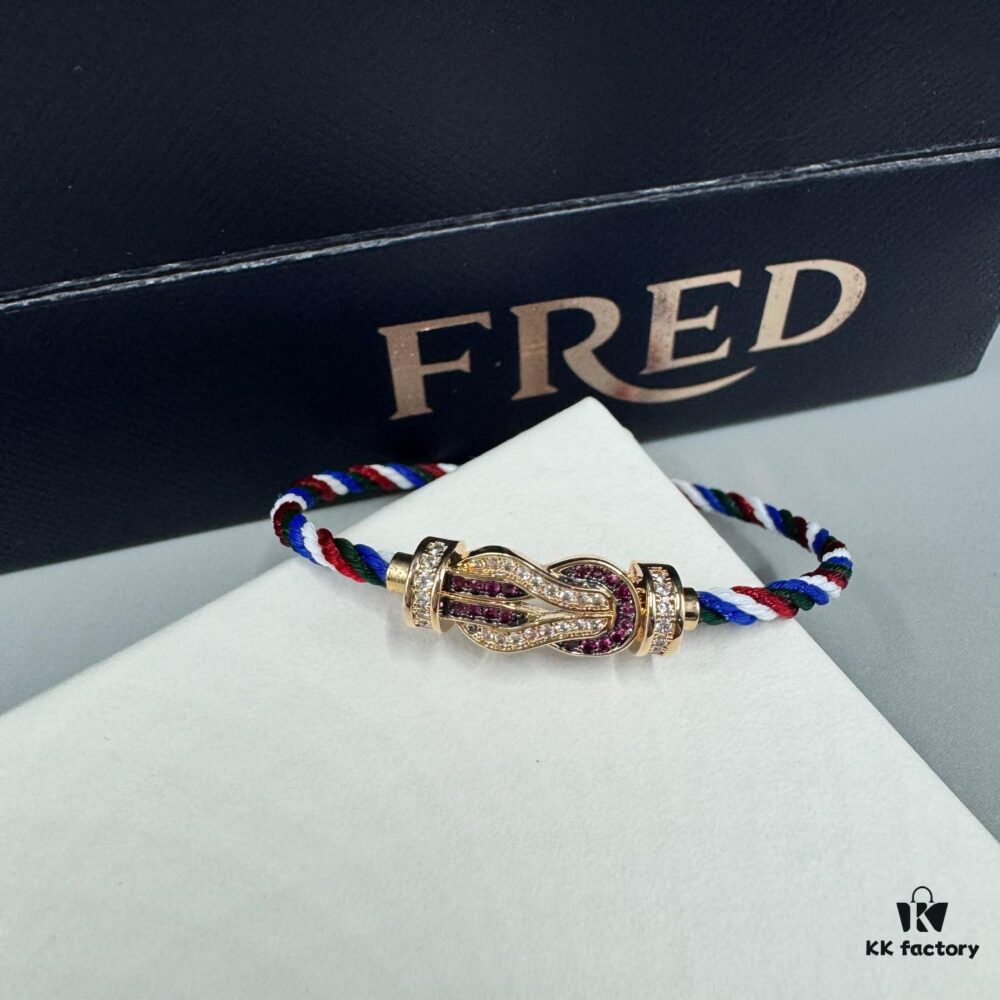 FRED Force 10 Bracelet in Rose Gold, Medium Size with Ruby Cabochon and Steel Cable
