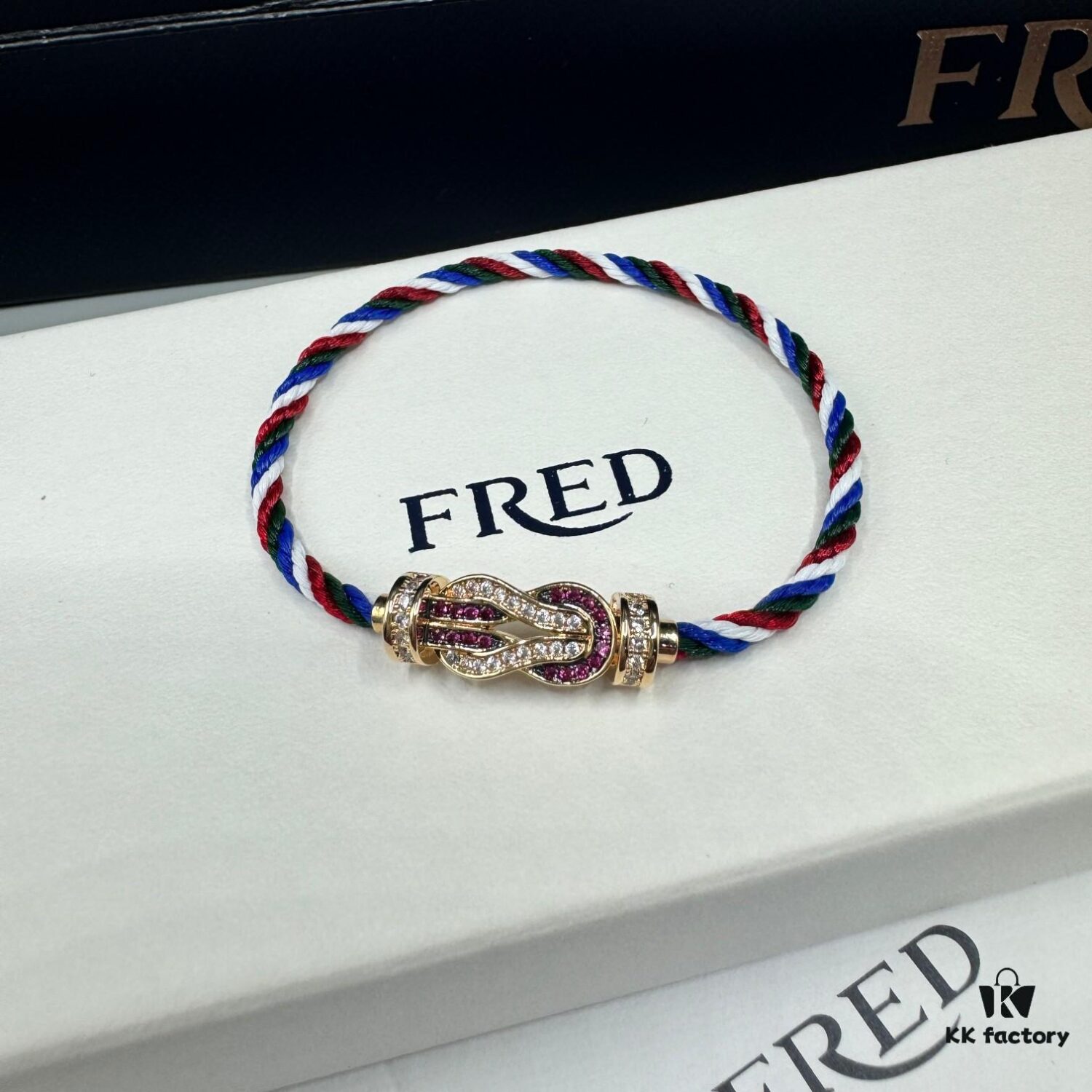 FRED Force 10 Bracelet in Rose Gold, Medium Size with Ruby Cabochon and Steel Cable