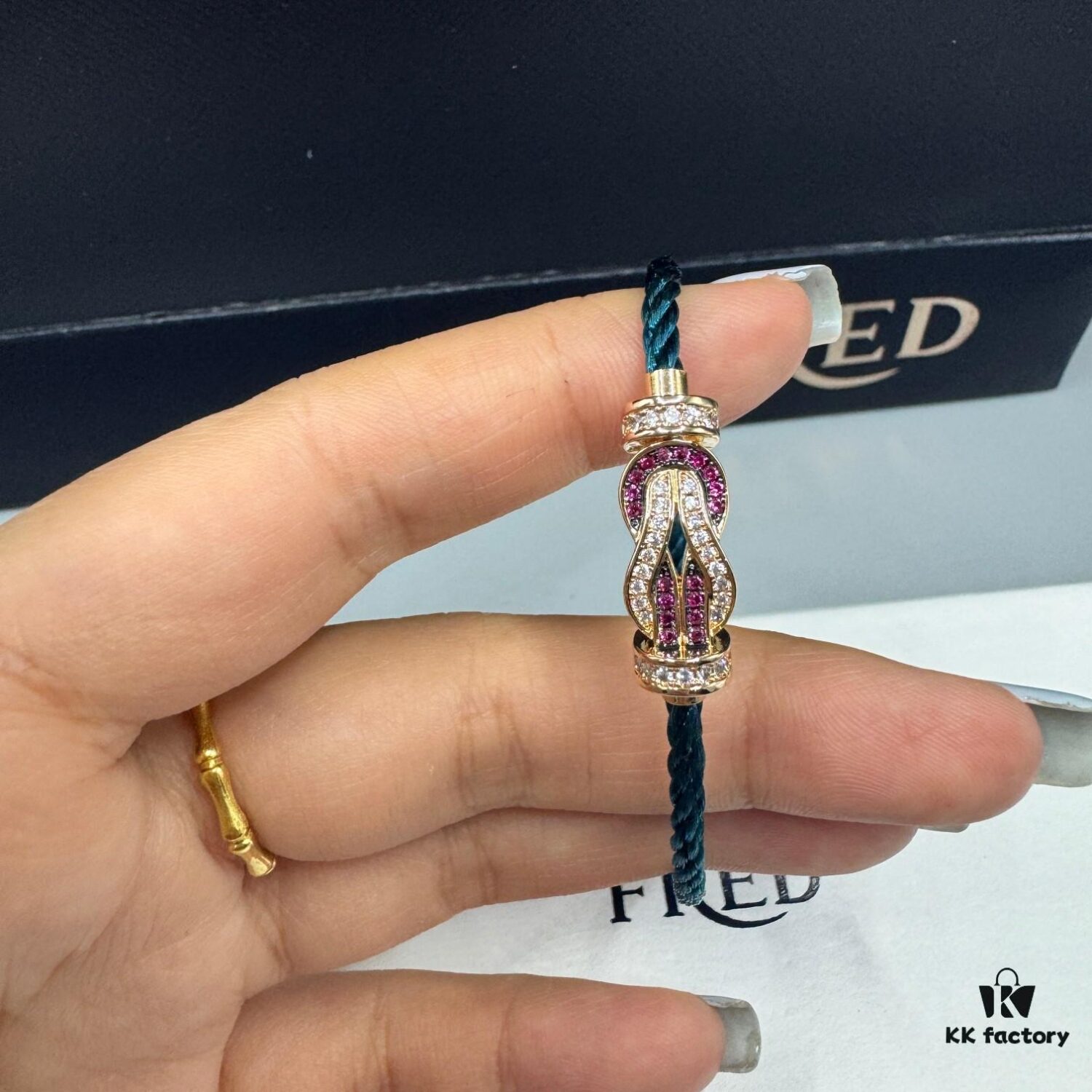 FRED Force 10 Bracelet in Rose Gold with Ruby, Medium Size, Red Gemstone Slide Buckle, Steel Cable Design