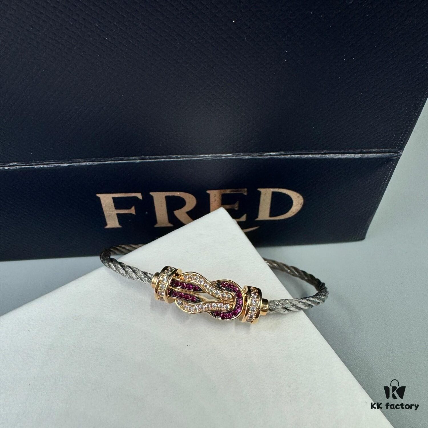 FRED Force 10 Bracelet in Rose Gold with Ruby, Medium Size, Red Sapphire Magnetic Clasp, Steel Cable Design
