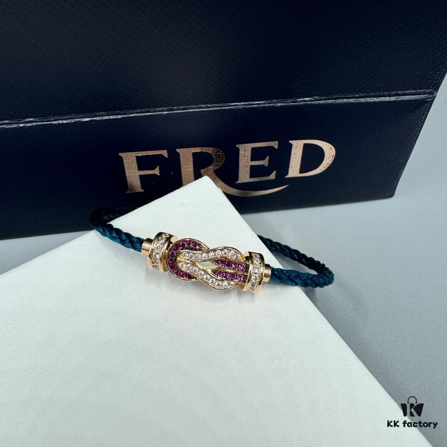 FRED Force 10 Bracelet in Rose Gold with Ruby, Medium Size, Red Gemstone Slide Buckle, Steel Cable Design