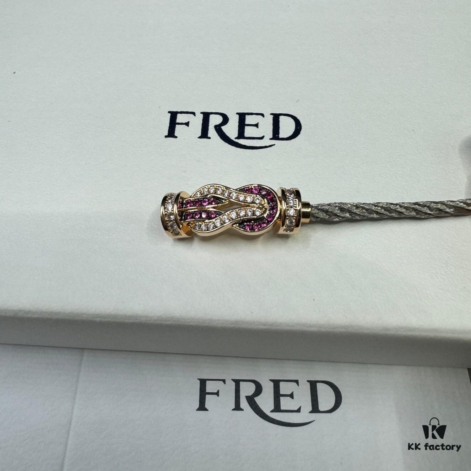 FRED Force 10 Bracelet in Rose Gold with Ruby, Medium Size, Red Sapphire Magnetic Clasp, Steel Cable Design