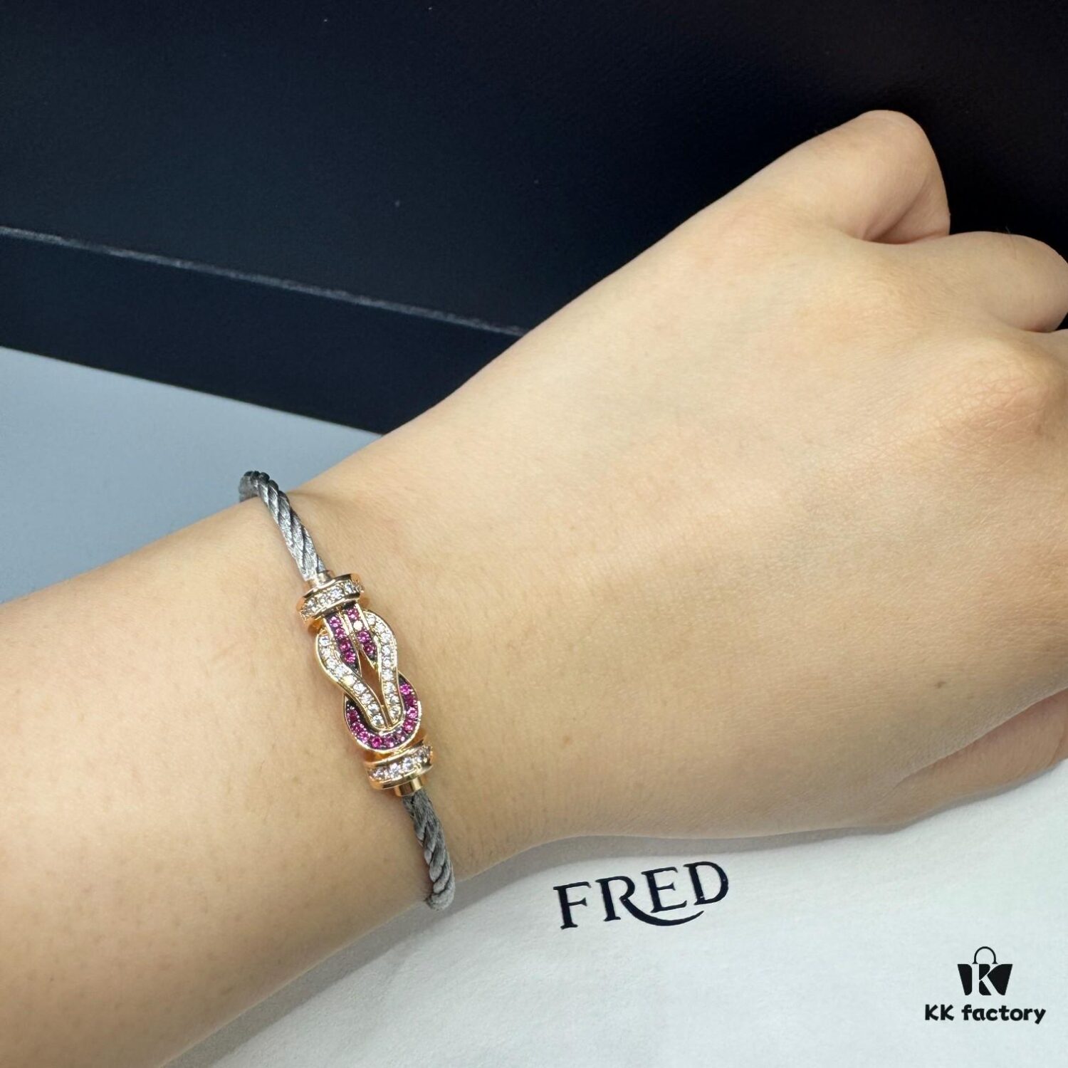 FRED Force 10 Bracelet in Rose Gold with Ruby, Medium Size, Red Sapphire Magnetic Clasp, Steel Cable Design