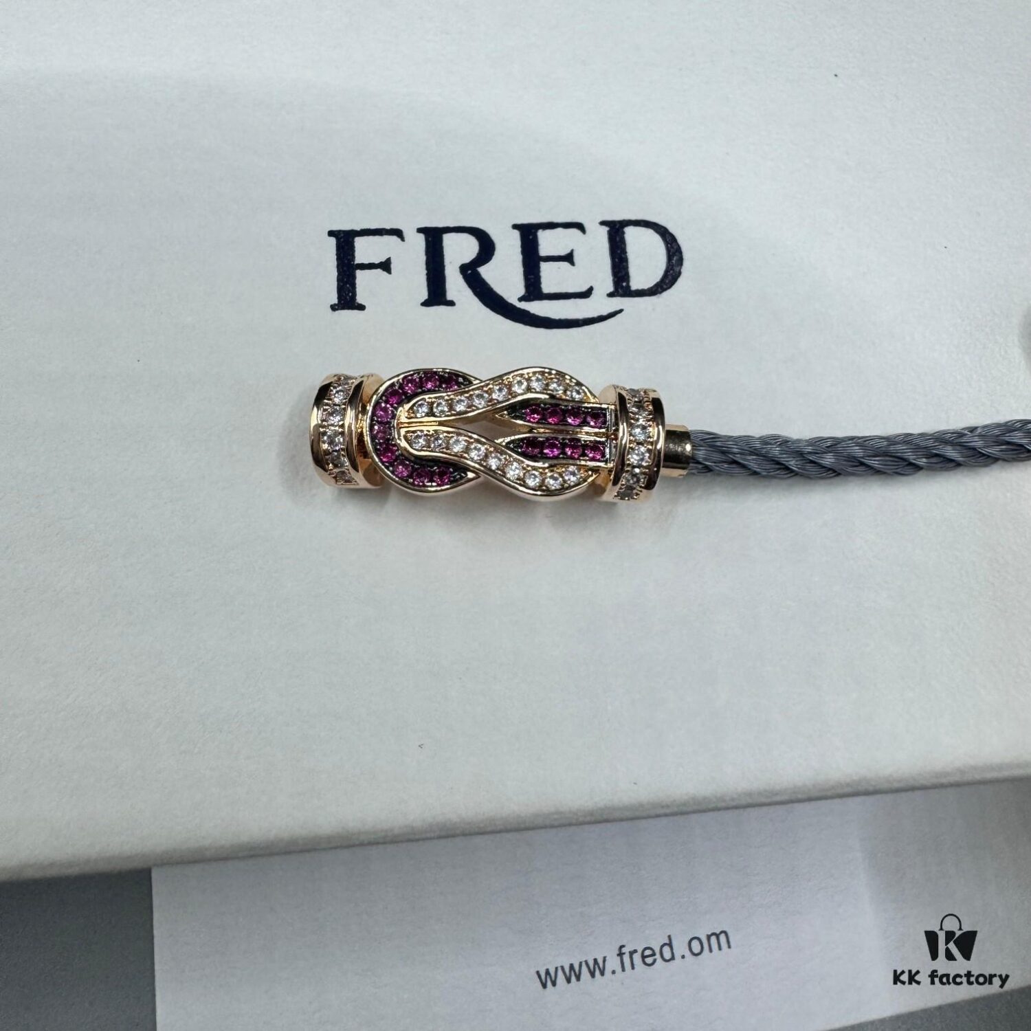 FRED Force 10 Bracelet in Rose Gold with Ruby, Medium Size, Red Sapphire Cabochon, Steel Cable Design