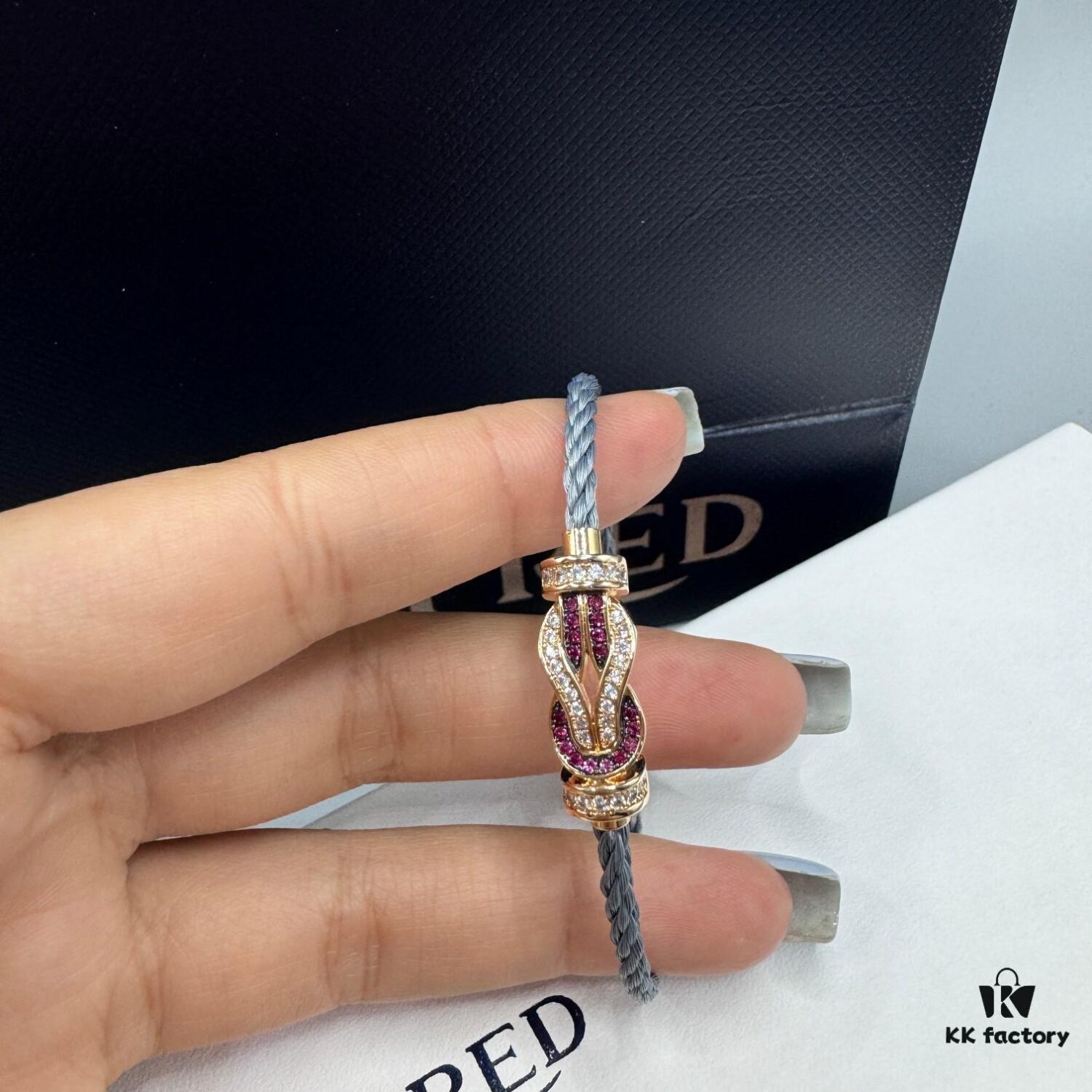 FRED Force 10 Bracelet in Rose Gold with Ruby, Medium Size, Red Sapphire Cabochon, Steel Cable Design