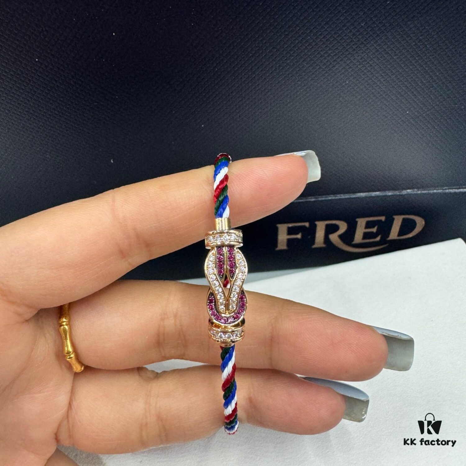 FRED Force 10 Bracelet in Rose Gold, Medium Size with Ruby Cabochon and Steel Cable