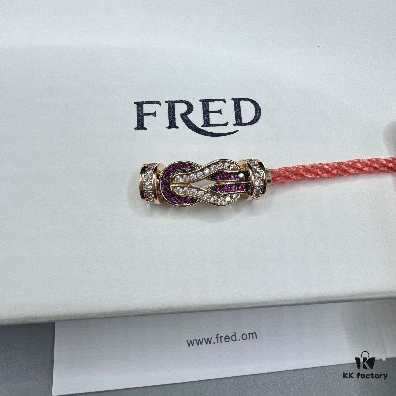 FRED Force 10 Bracelet in Rose Gold with Ruby Cabochon, Medium Size, Steel Cable Design
