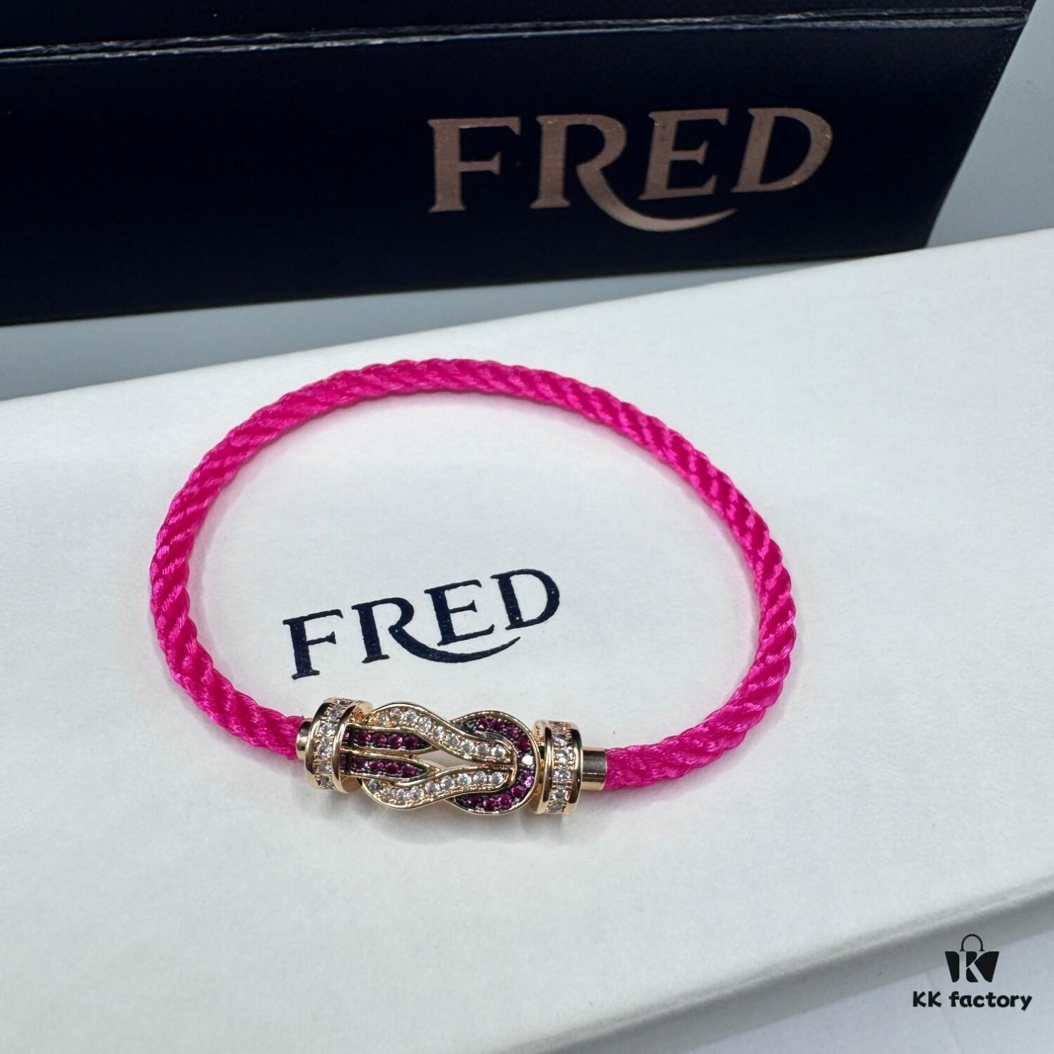 FRED Force 10 Bracelet in Rose Gold with Ruby, Medium Size, Red Sapphire Model, Steel Cord Version