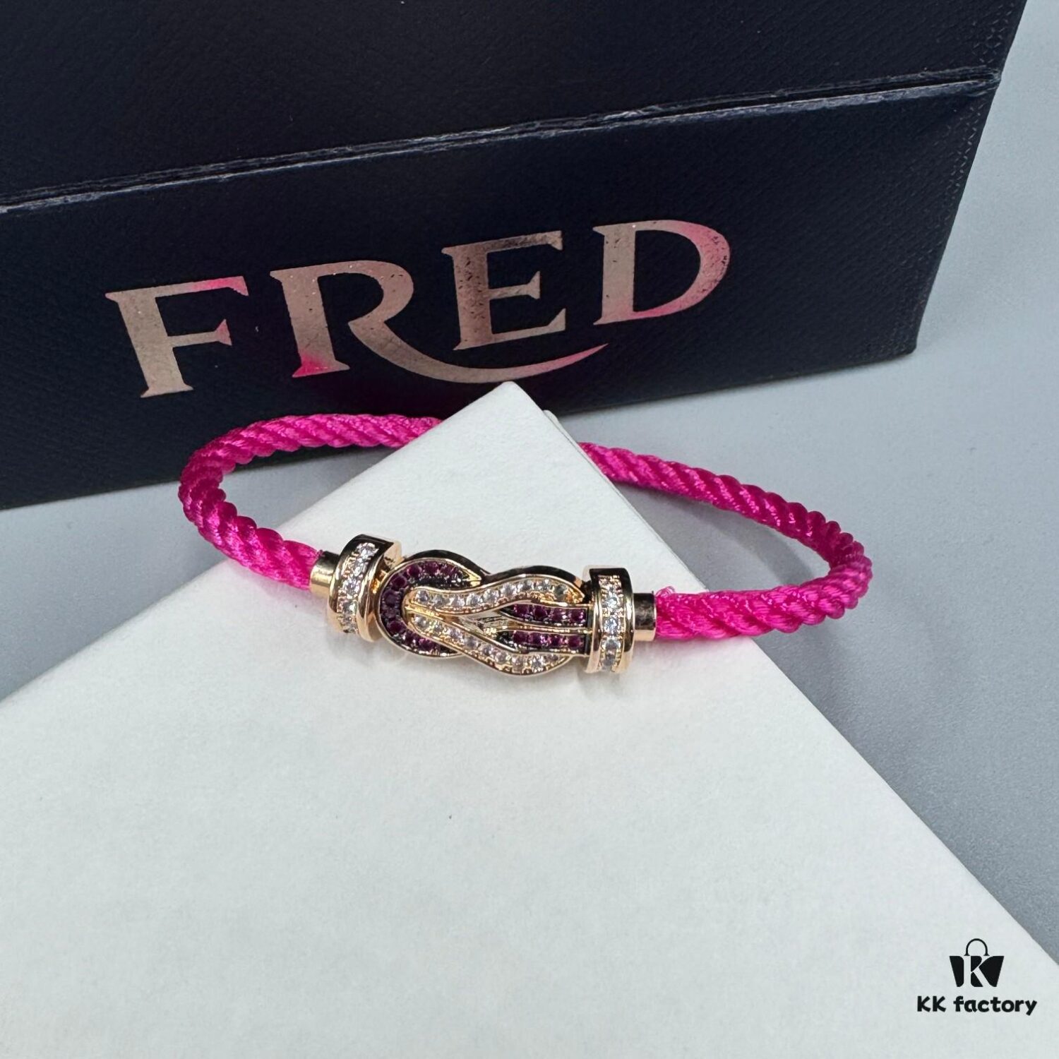 FRED Force 10 Bracelet in Rose Gold with Ruby, Medium Size, Red Sapphire Model, Steel Cord Version
