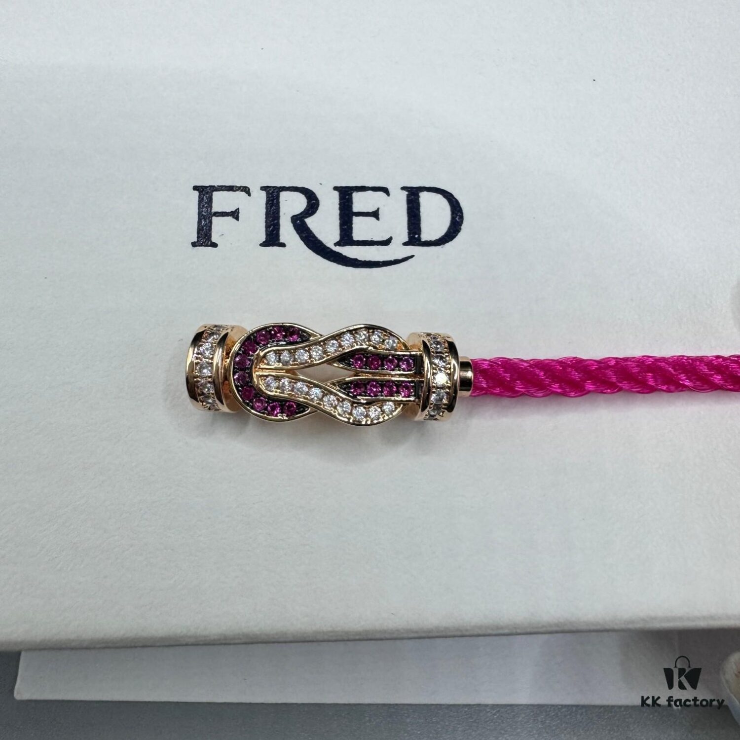 FRED Force 10 Bracelet in Rose Gold with Ruby, Medium Size, Red Sapphire Model, Steel Cord Version