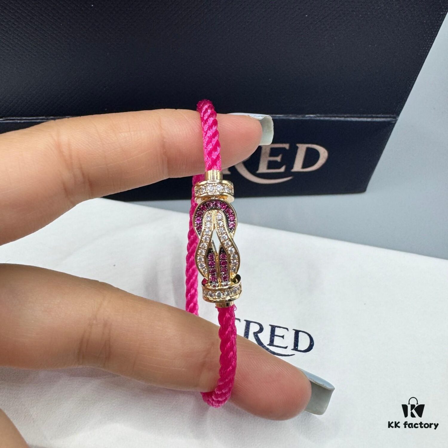 FRED Force 10 Bracelet in Rose Gold with Ruby, Medium Size, Red Sapphire Model, Steel Cord Version