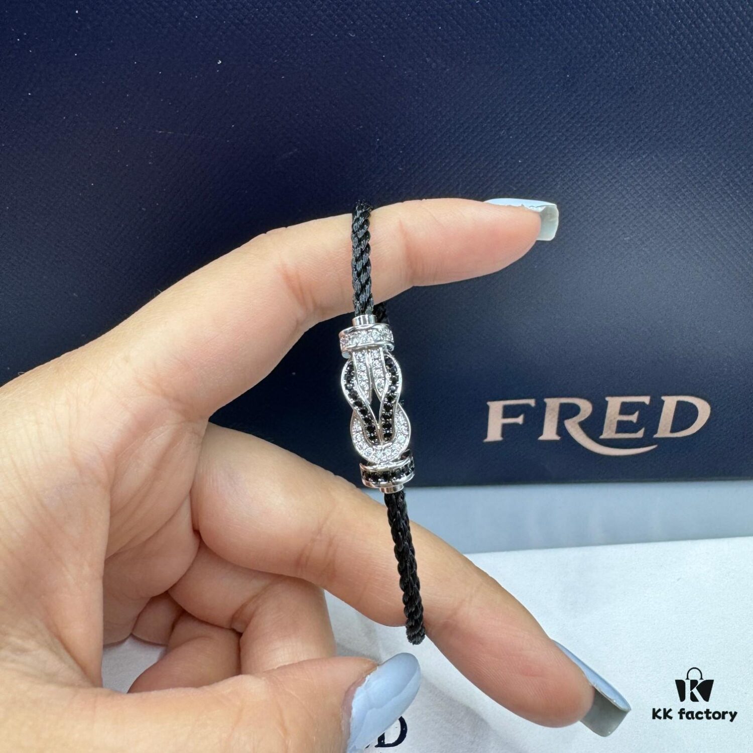 FRED Force 10 Bracelet in Platinum Medium Size with Panda Motif, Black and White Design, Steel Clasp and Black Cord