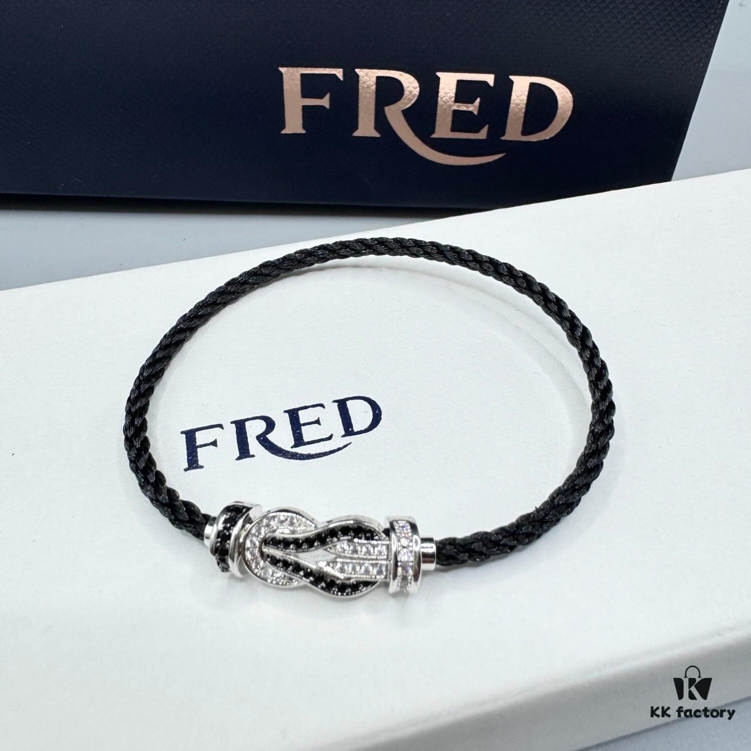 FRED Force 10 Bracelet in Platinum Medium Size with Panda Motif, Black and White Design, Steel Clasp and Black Cord