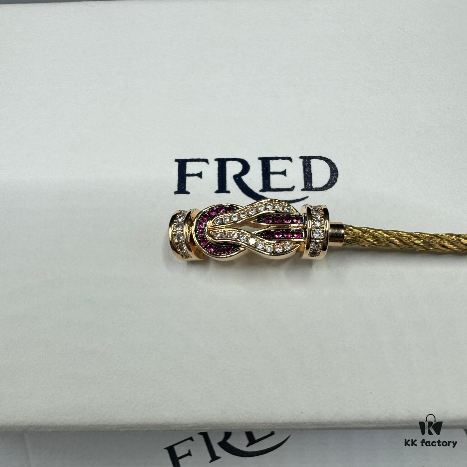 FRED Force 10 Bracelet in Rose Gold, Medium Size with Ruby Cabochon, Steel Cable Design