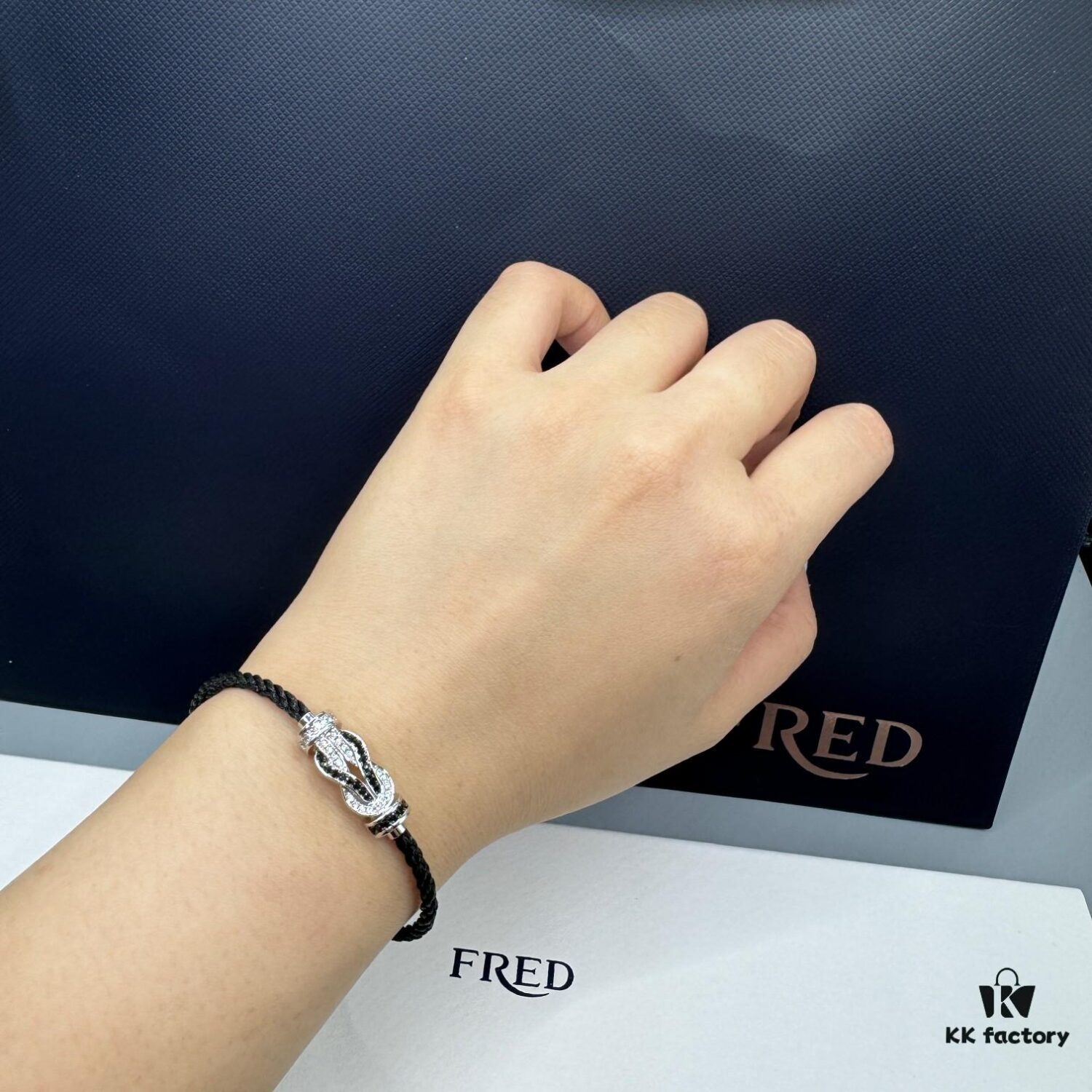 FRED Force 10 Bracelet in Platinum Medium Size with Panda Motif, Black and White Design, Steel Clasp and Black Cord