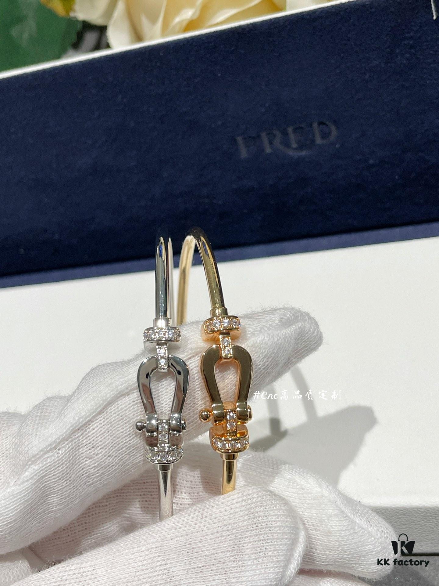 FRE*D Half-Pave Horseshoe Link Rigid Cuff Bracelet, CNC Precision-Carved, Hollow Tube Design for Lightweight Comfort – Available in Rose Gold and White Gold, Hand-Set Zirconia Stones, Authentic Logo Engraving