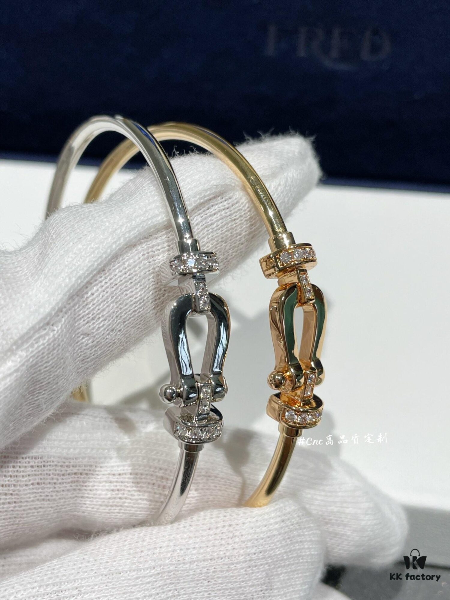 FRE*D Half-Pave Horseshoe Link Rigid Cuff Bracelet, CNC Precision-Carved, Hollow Tube Design for Lightweight Comfort – Available in Rose Gold and White Gold, Hand-Set Zirconia Stones, Authentic Logo Engraving