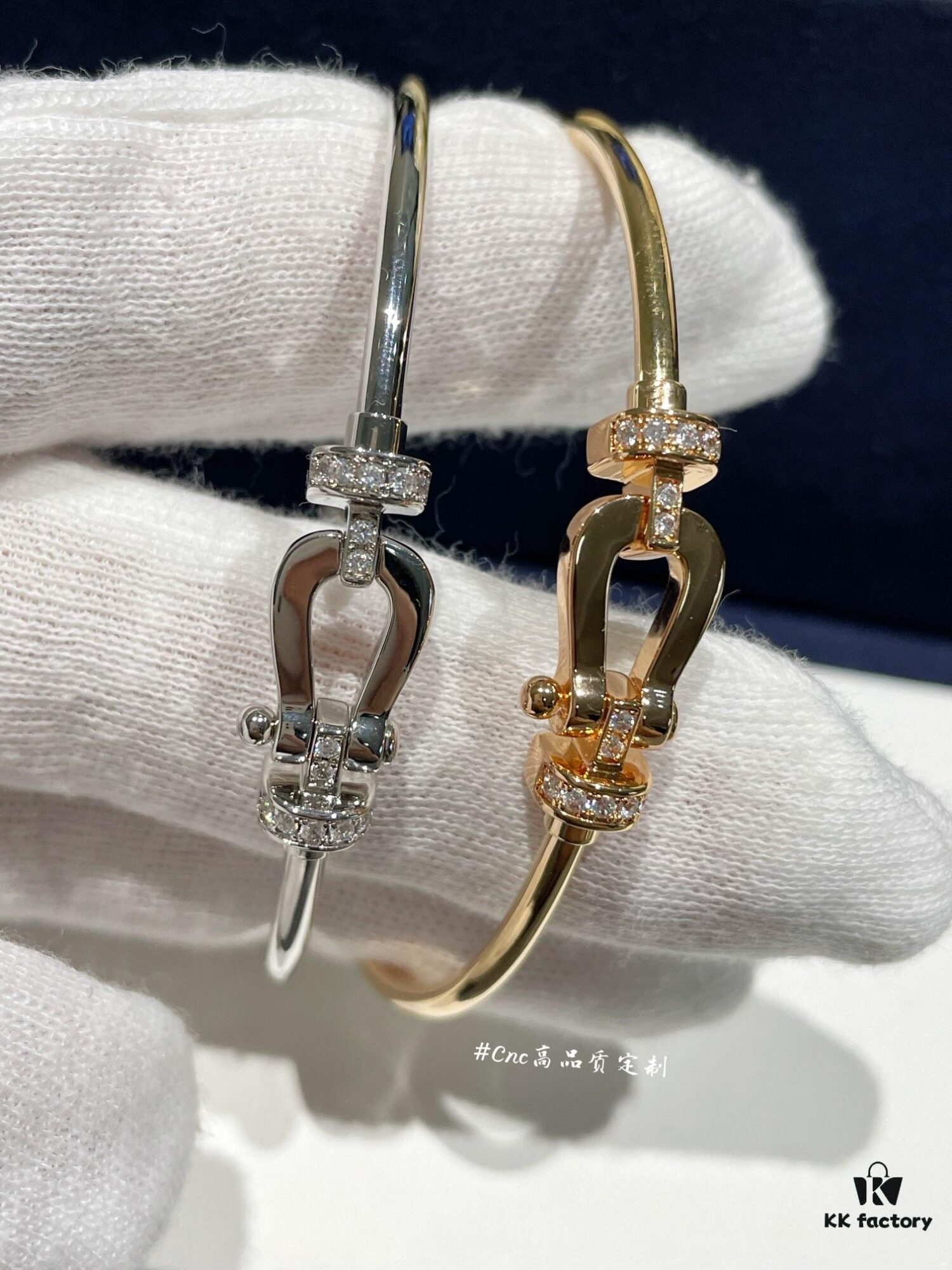 FRE*D Half-Pave Horseshoe Link Rigid Cuff Bracelet, CNC Precision-Carved, Hollow Tube Design for Lightweight Comfort – Available in Rose Gold and White Gold, Hand-Set Zirconia Stones, Authentic Logo Engraving