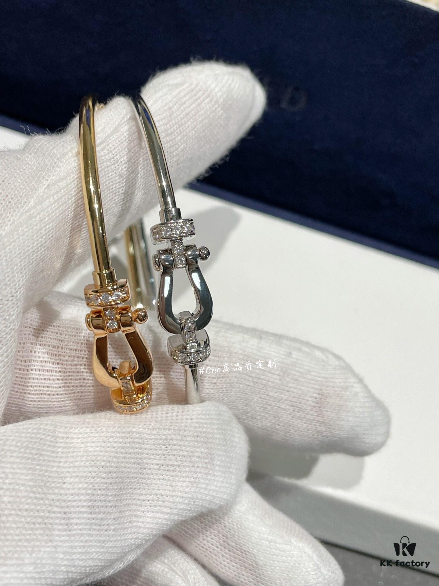 FRE*D Half-Pave Horseshoe Link Rigid Cuff Bracelet, CNC Precision-Carved, Hollow Tube Design for Lightweight Comfort – Available in Rose Gold and White Gold, Hand-Set Zirconia Stones, Authentic Logo Engraving