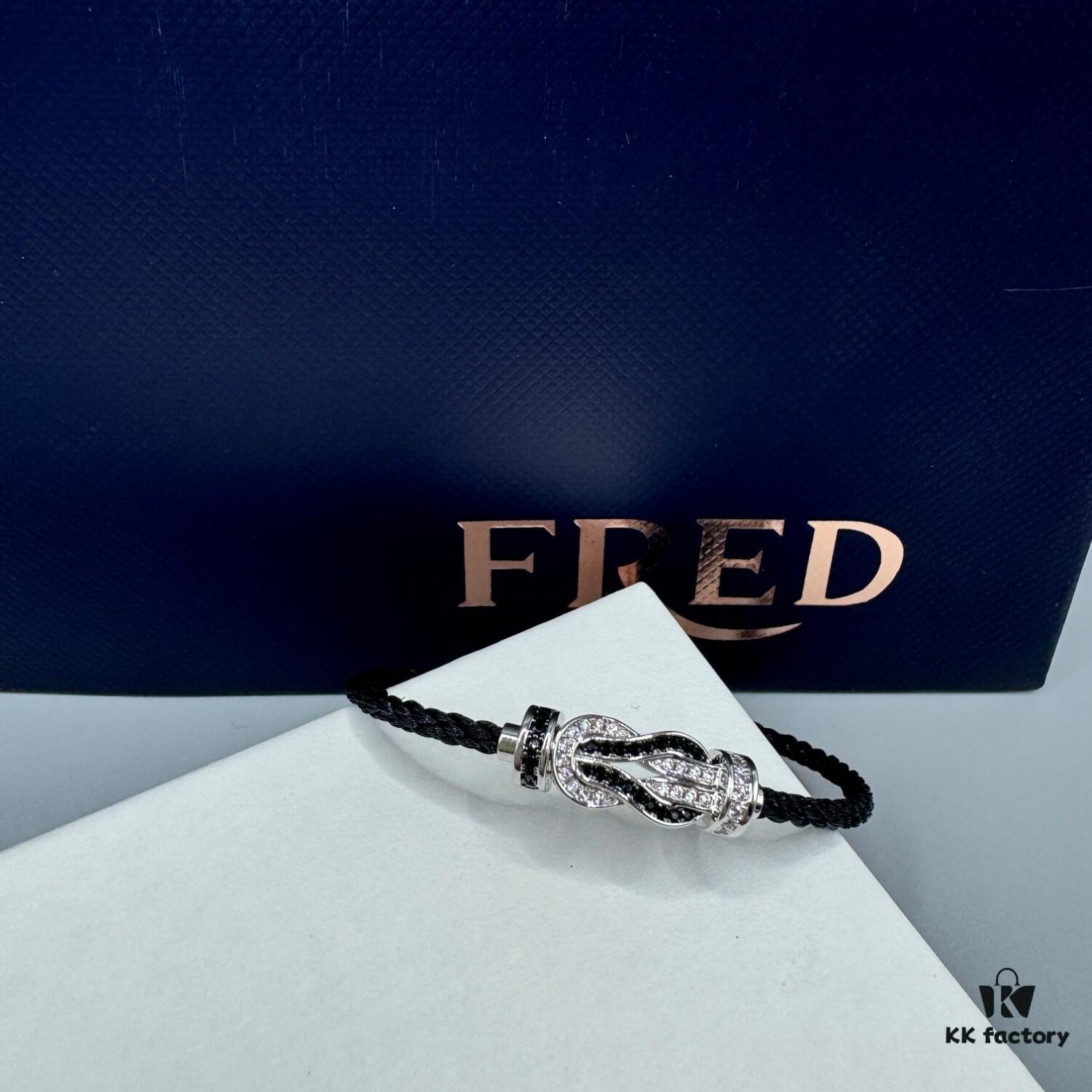 FRED Force 10 Bracelet in Platinum Medium Size with Panda Motif, Black and White Design, Steel Clasp and Black Cord