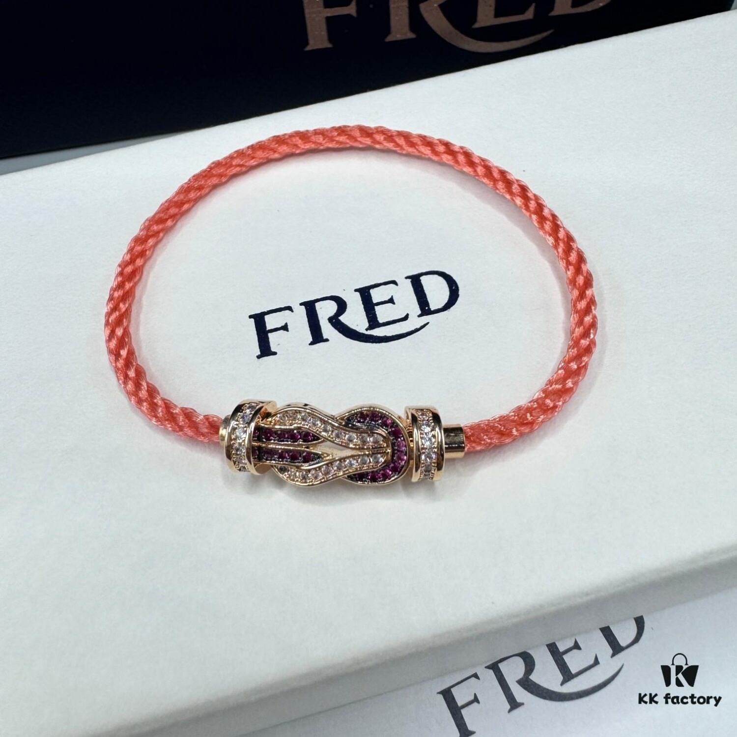 FRED Force 10 Bracelet in Rose Gold with Ruby Cabochon, Medium Size, Steel Cable Design