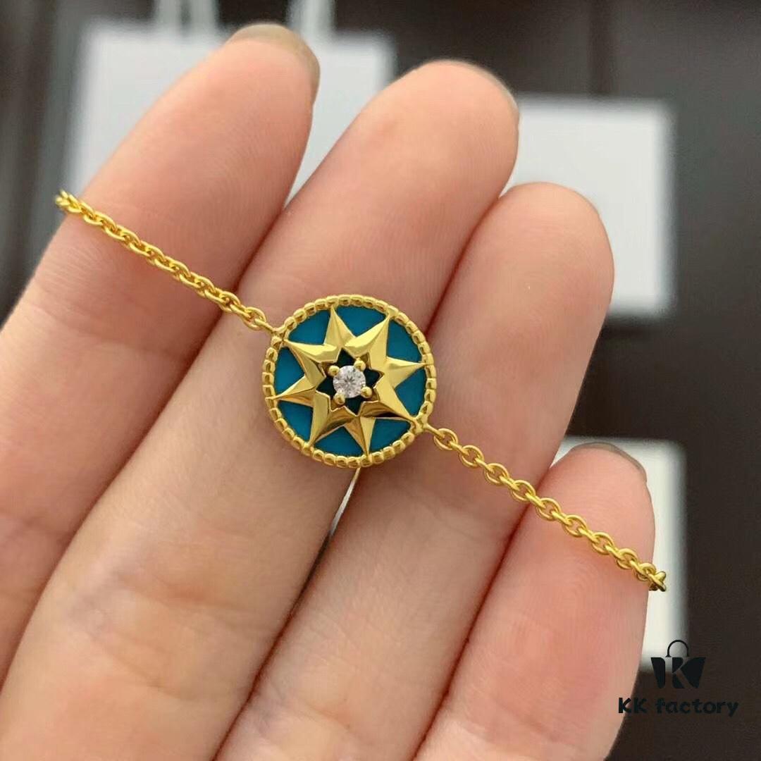 D!or Compass Bracelet - Rose des Vents Collection, 18K Real Gold Plated with Diamond and Silver Base, Featuring Turquoise, Lapis Lazuli, White Shell, and Pink Crystal Options